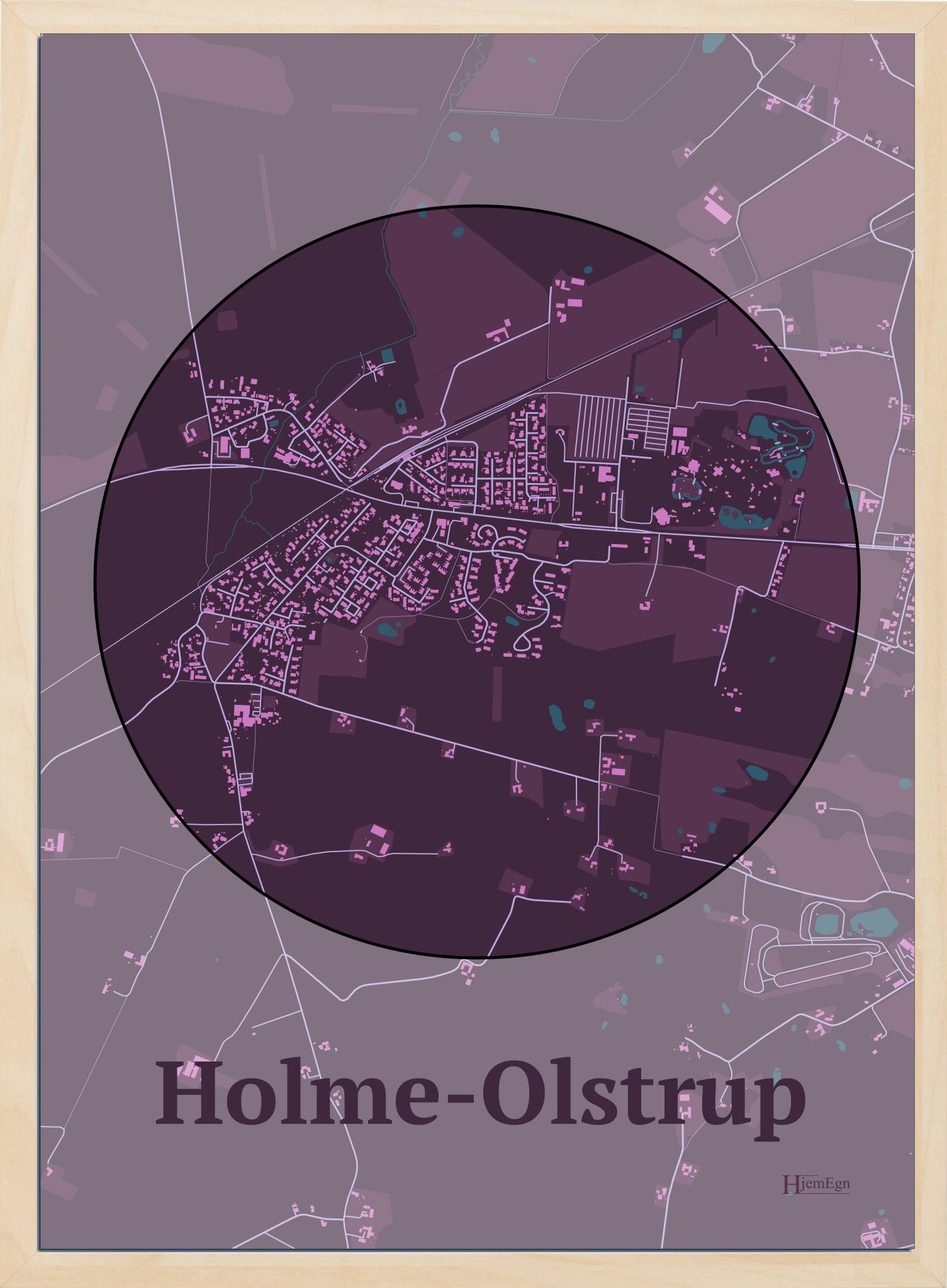 Holme-olstrup plakat i farve mørk rød og HjemEgn.dk design centrum. Design bykort for Holme-olstrup