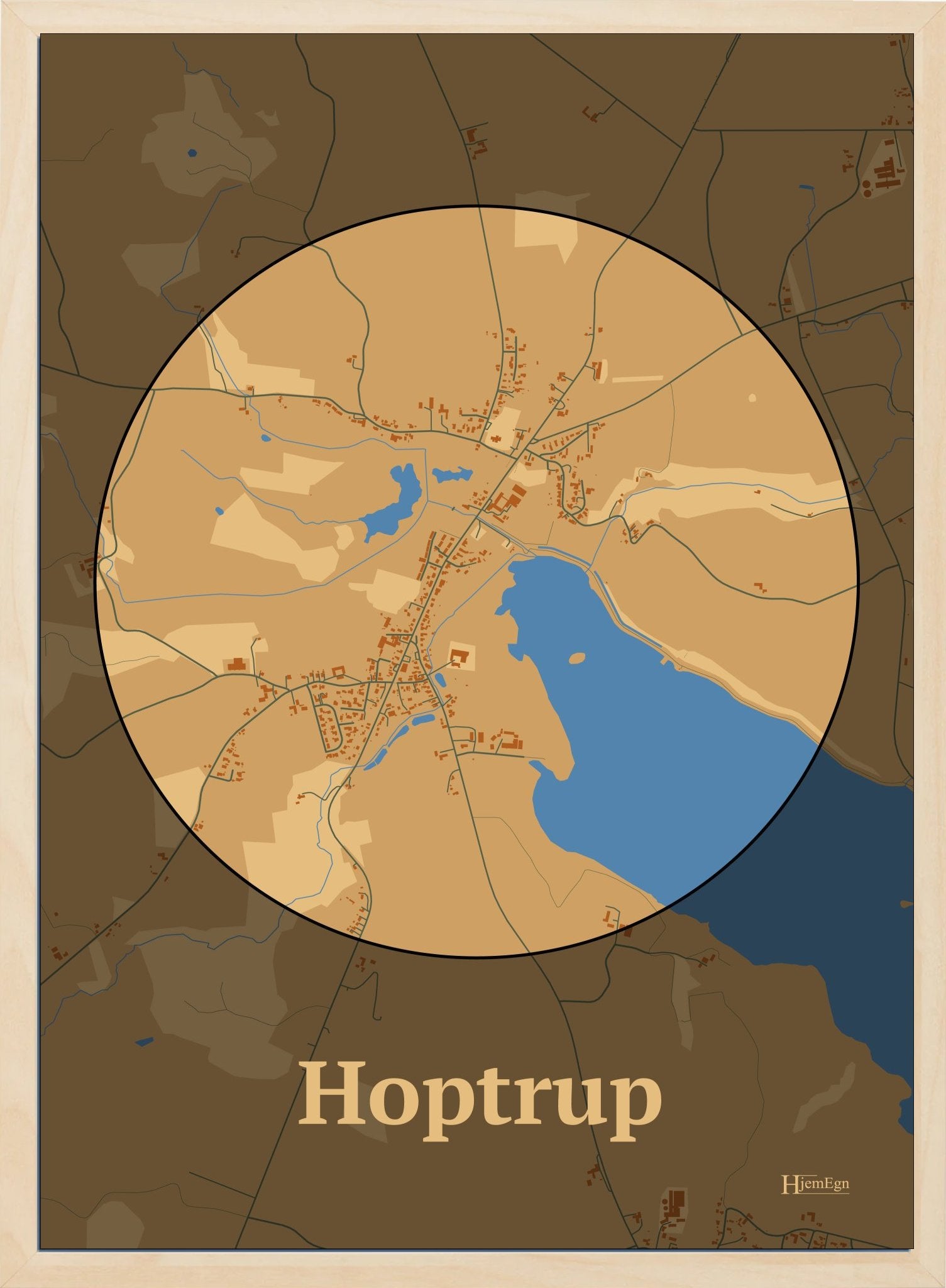 Hoptrup plakat i farve pastel brun og HjemEgn.dk design centrum. Design bykort for Hoptrup
