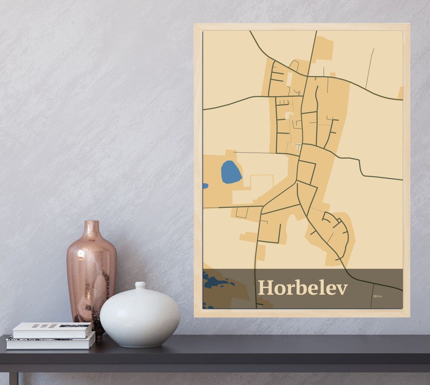 Horbelev plakat i farve  og HjemEgn.dk design firkantet. Design bykort for Horbelev