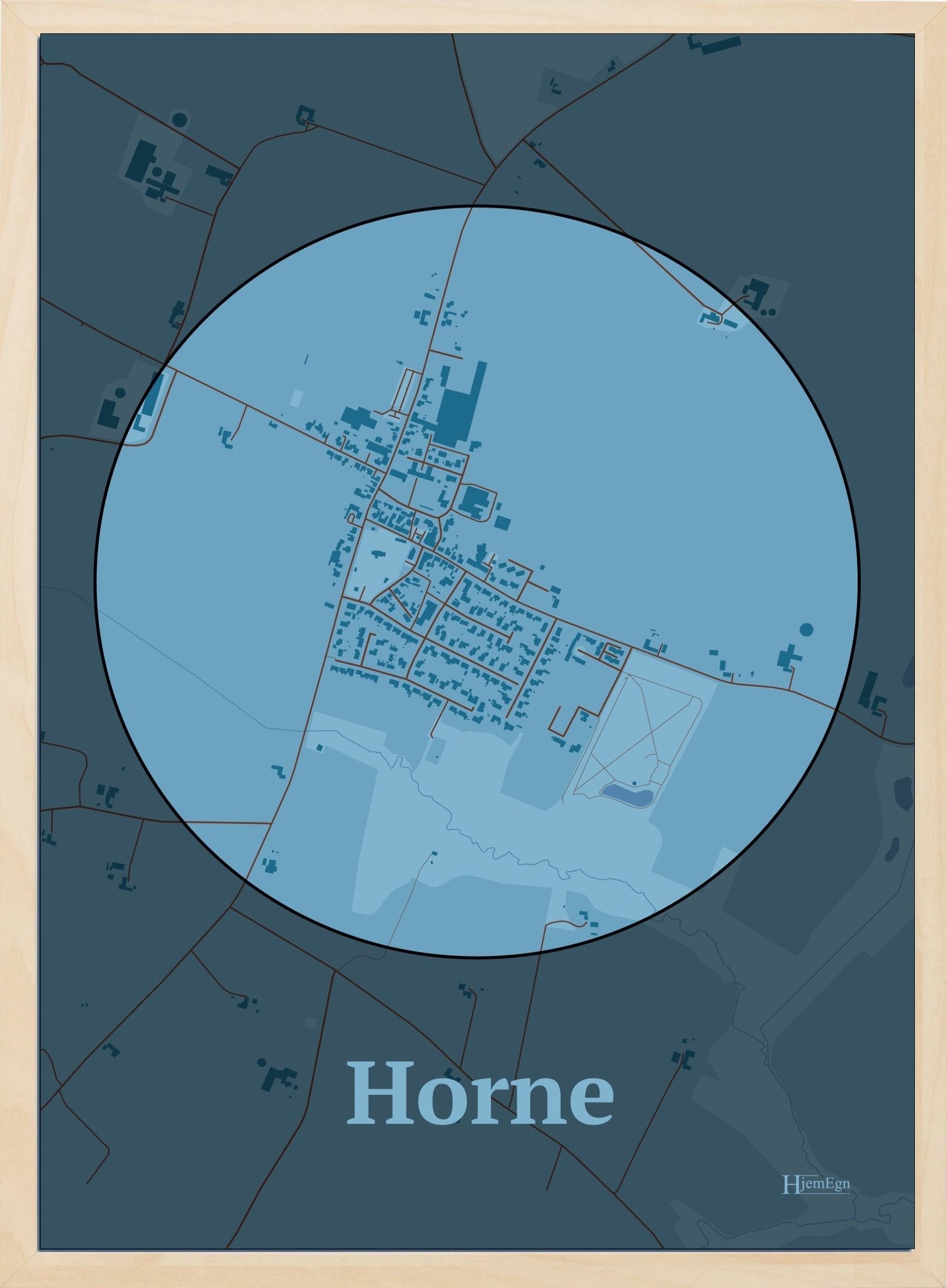 Horne plakat i farve pastel blå og HjemEgn.dk design centrum. Design bykort for Horne