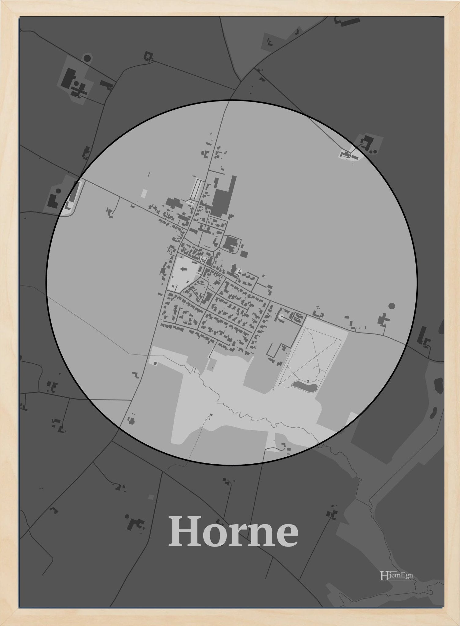 Horne plakat i farve pastel grå og HjemEgn.dk design centrum. Design bykort for Horne