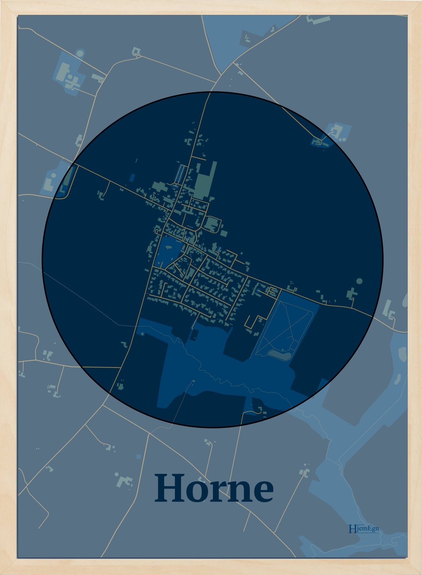Horne plakat i farve mørk blå og HjemEgn.dk design centrum. Design bykort for Horne