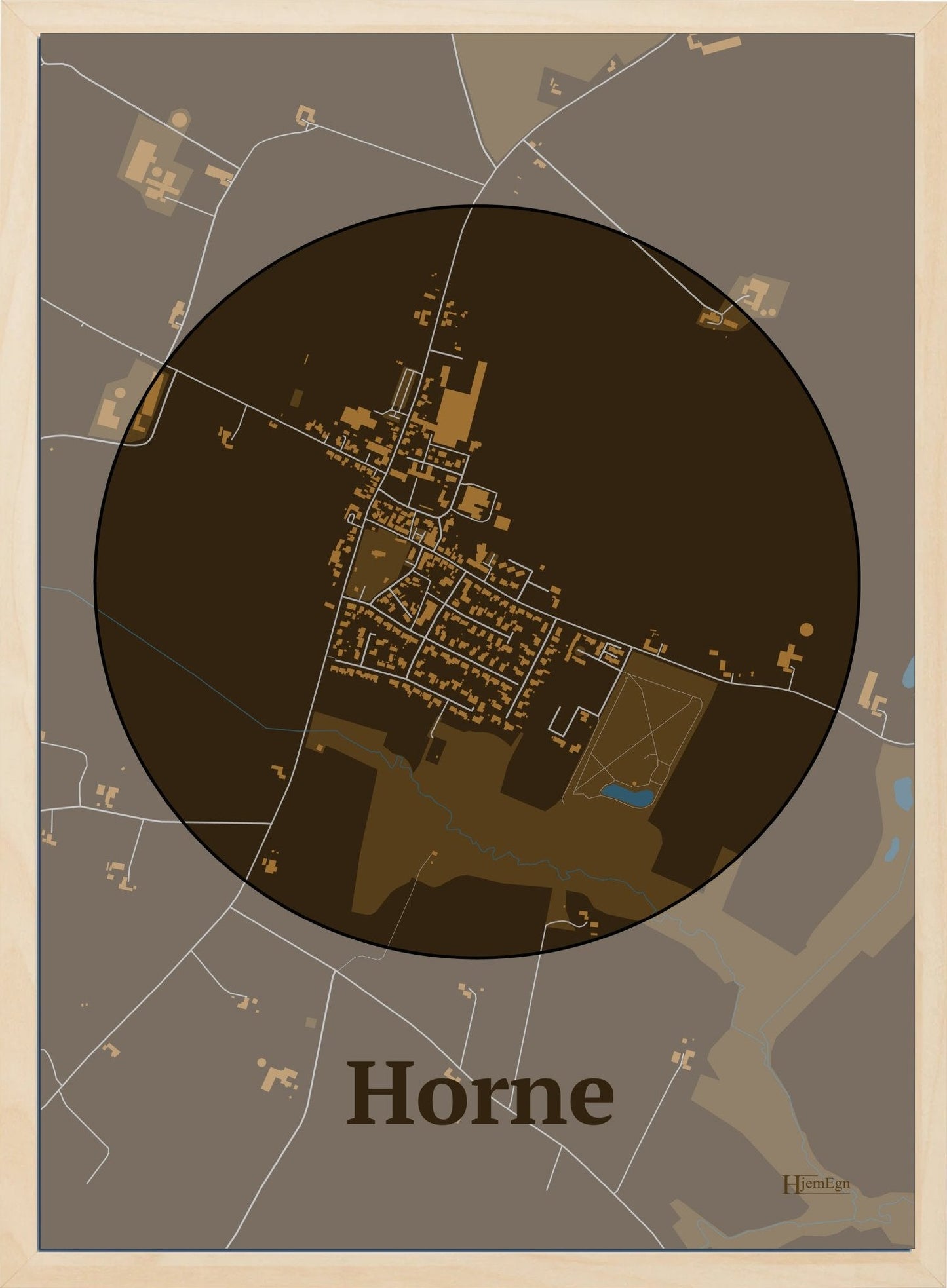 Horne plakat i farve mørk brun og HjemEgn.dk design centrum. Design bykort for Horne