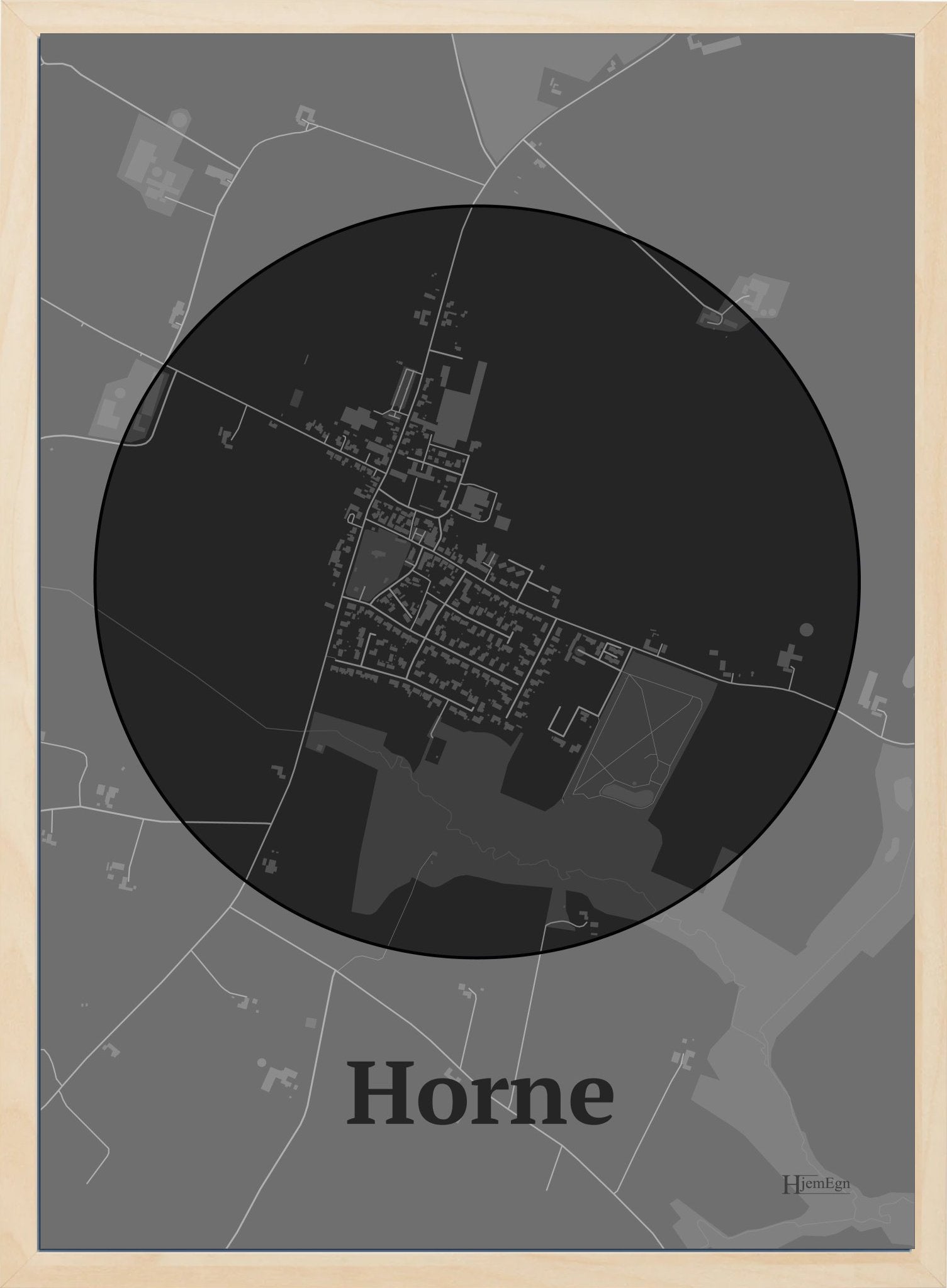 Horne plakat i farve mørk grå og HjemEgn.dk design centrum. Design bykort for Horne