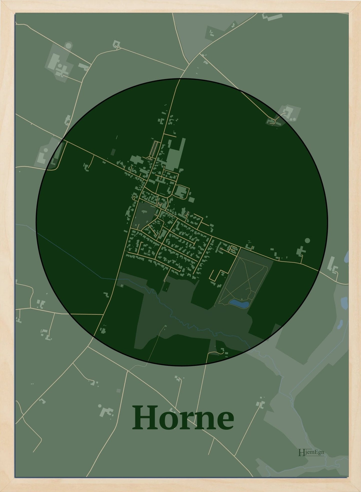 Horne plakat i farve mørk grøn og HjemEgn.dk design centrum. Design bykort for Horne