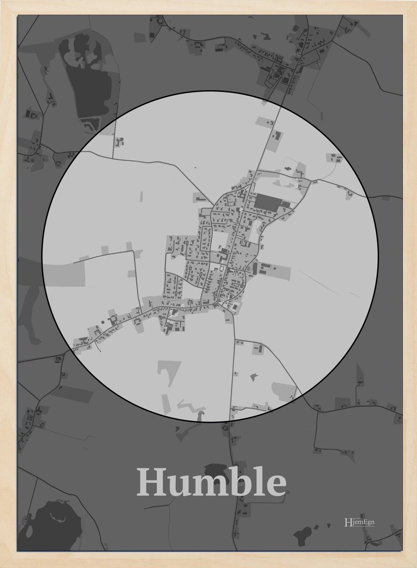Humble plakat i farve pastel grå og HjemEgn.dk design centrum. Design bykort for Humble