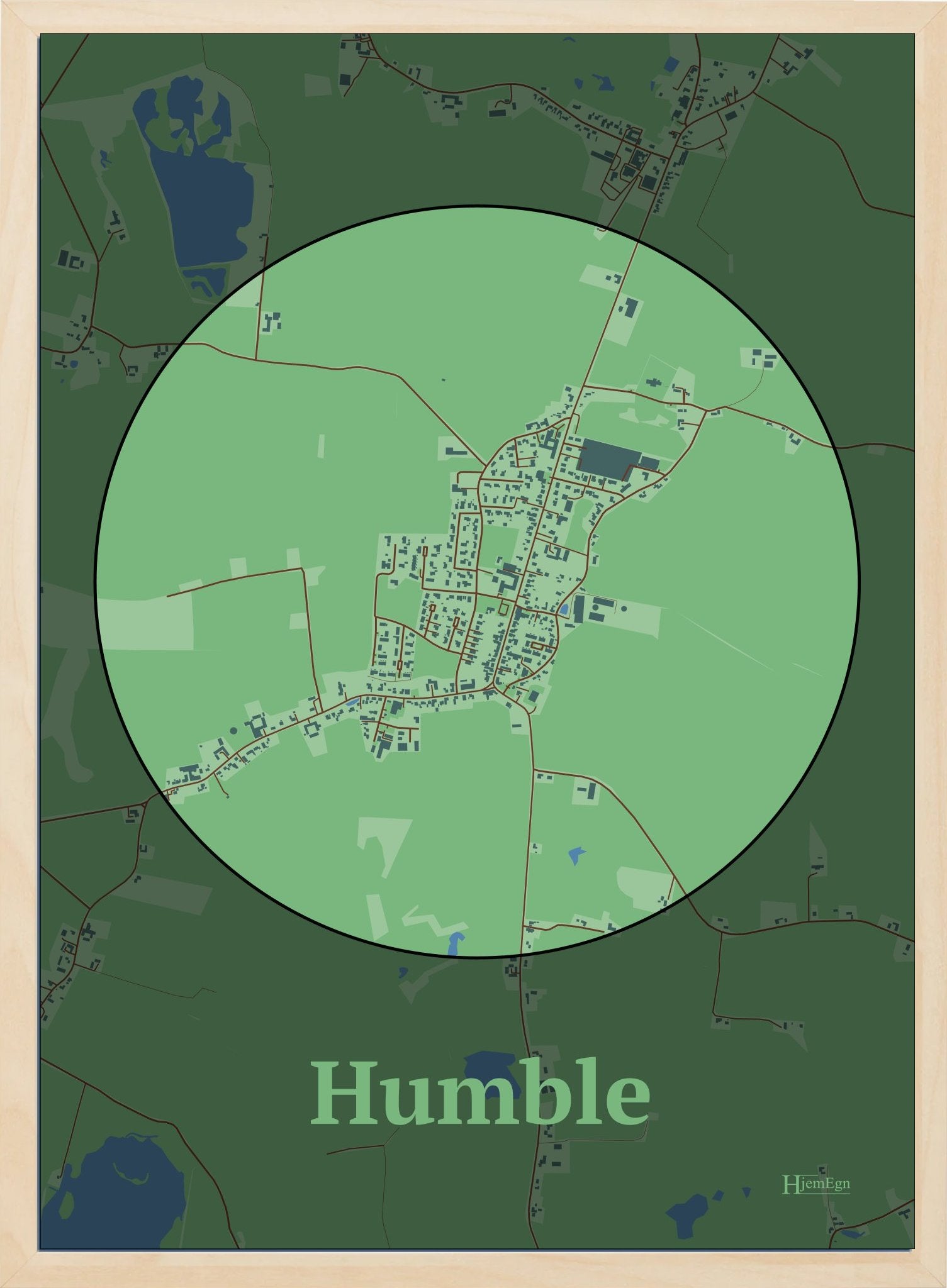 Humble plakat i farve pastel grøn og HjemEgn.dk design centrum. Design bykort for Humble
