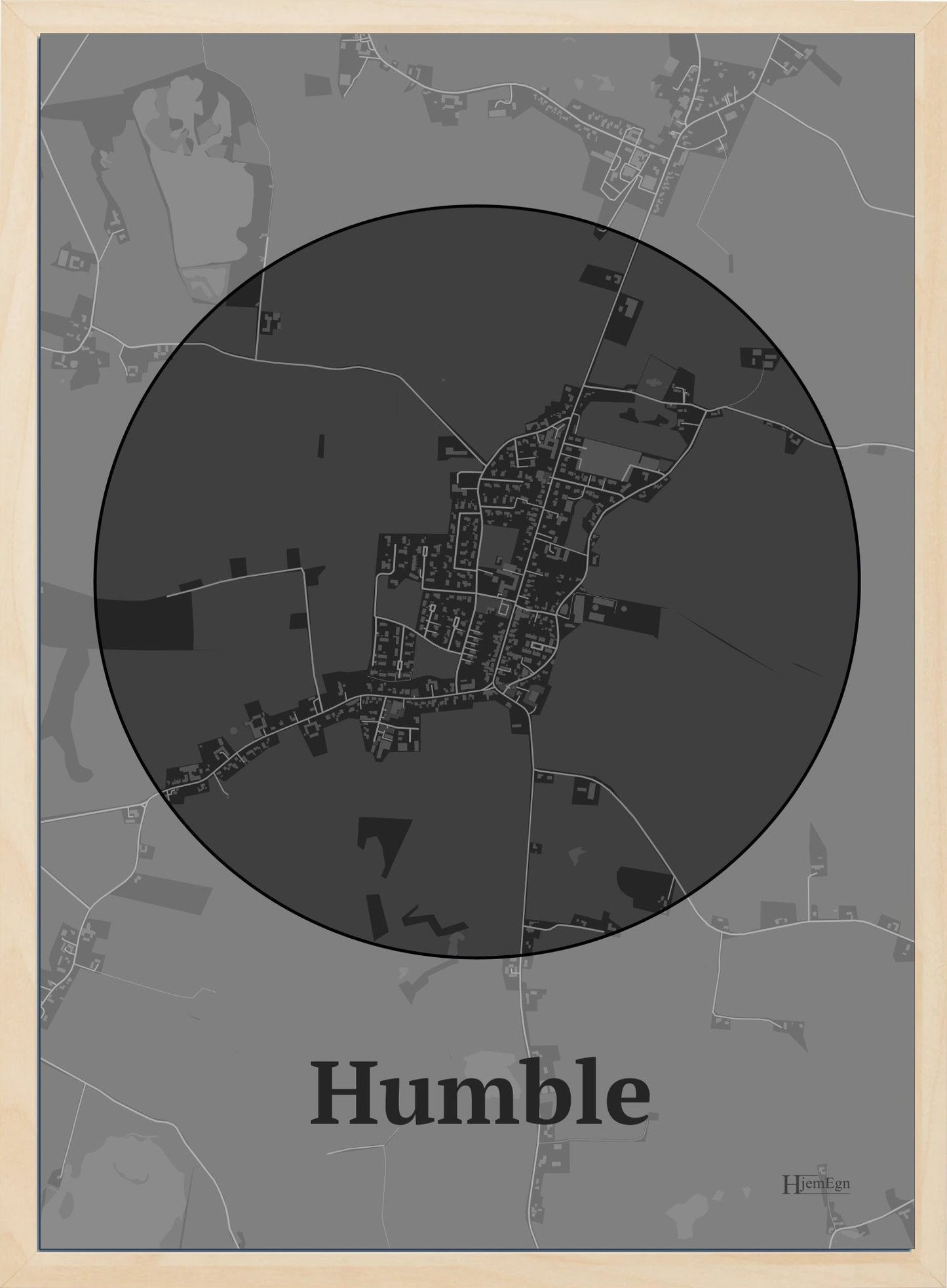 Humble plakat i farve mørk grå og HjemEgn.dk design centrum. Design bykort for Humble