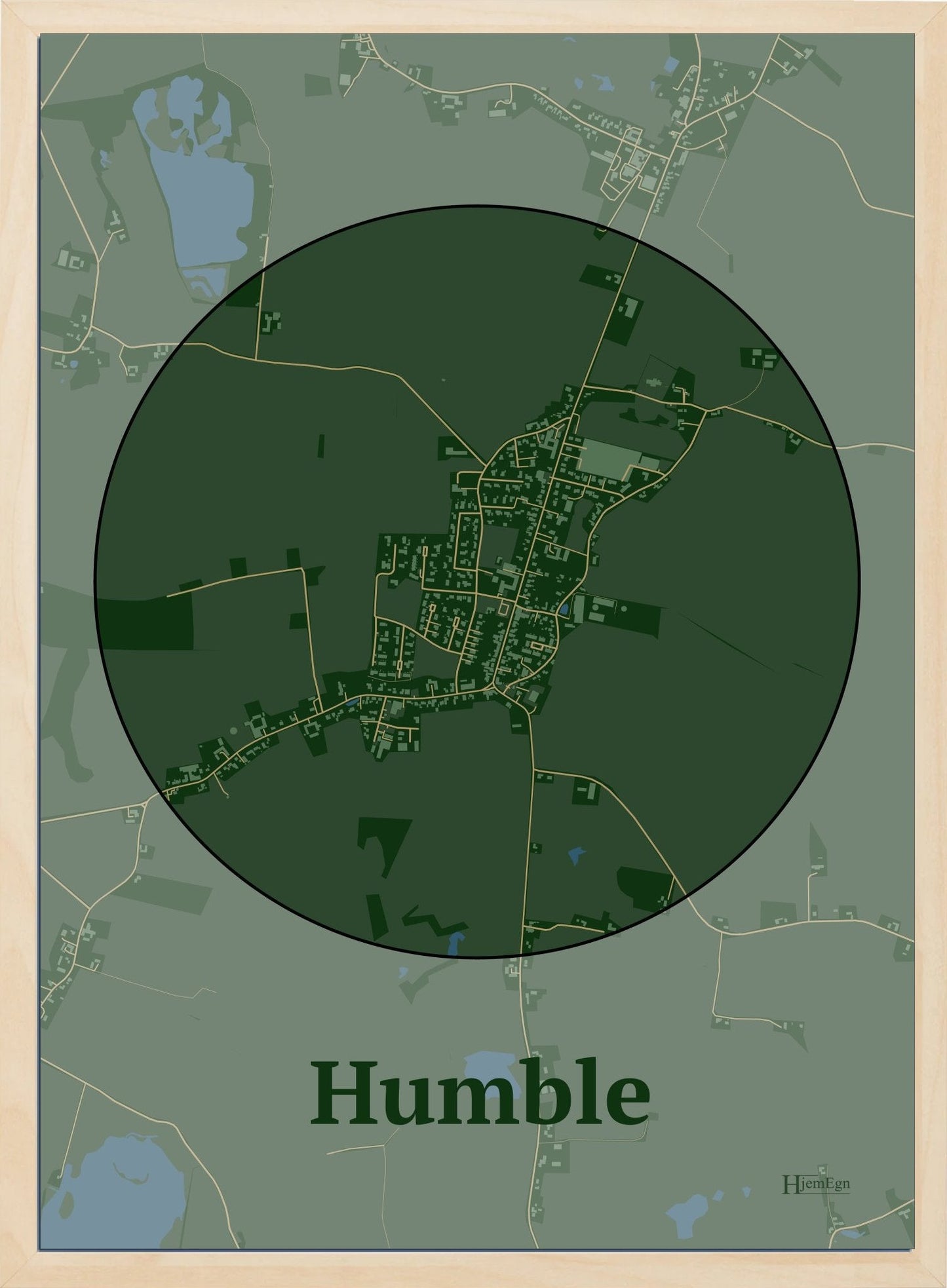 Humble plakat i farve mørk grøn og HjemEgn.dk design centrum. Design bykort for Humble