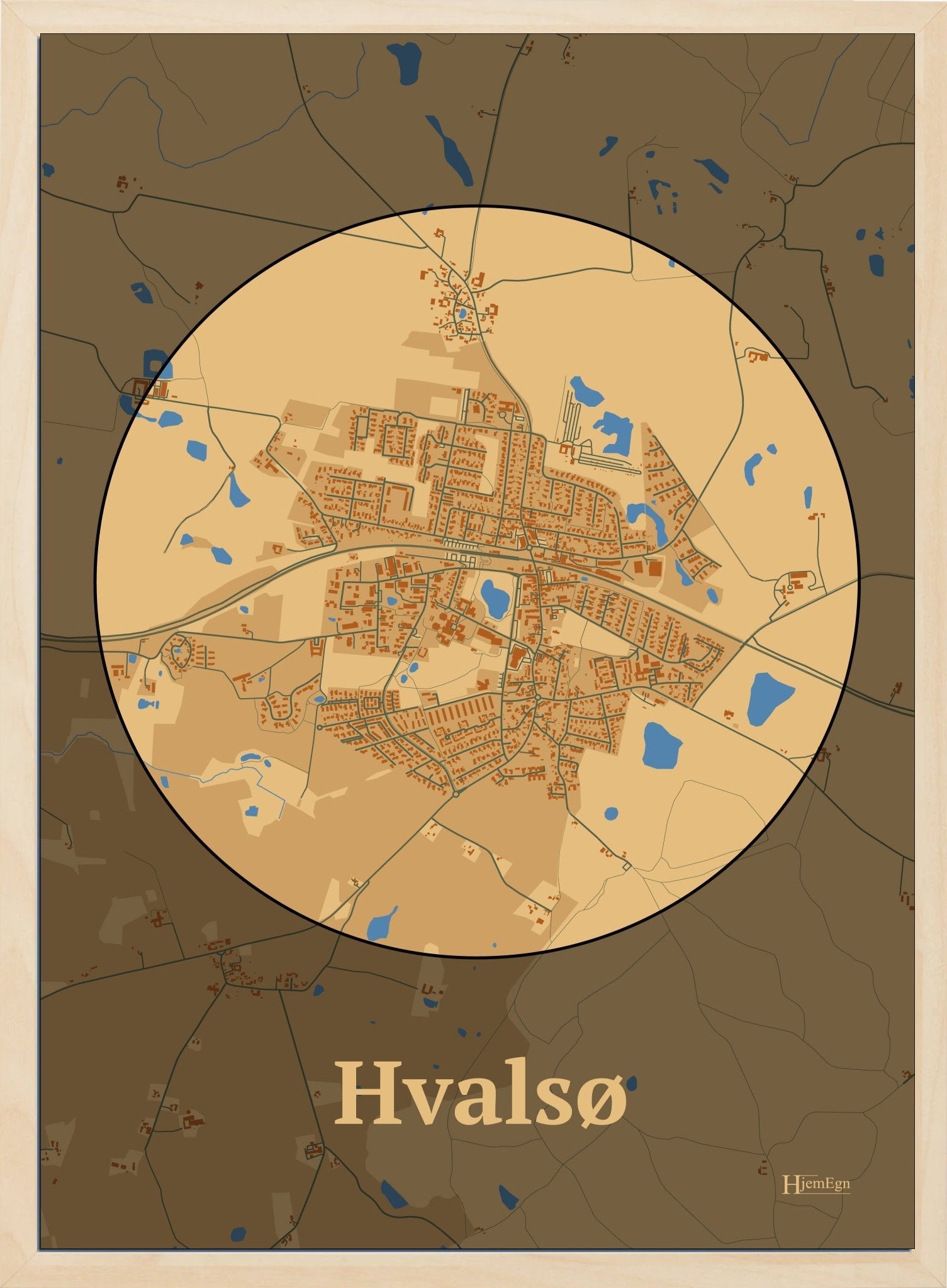 Hvalsø plakat i farve pastel brun og HjemEgn.dk design centrum. Design bykort for Hvalsø