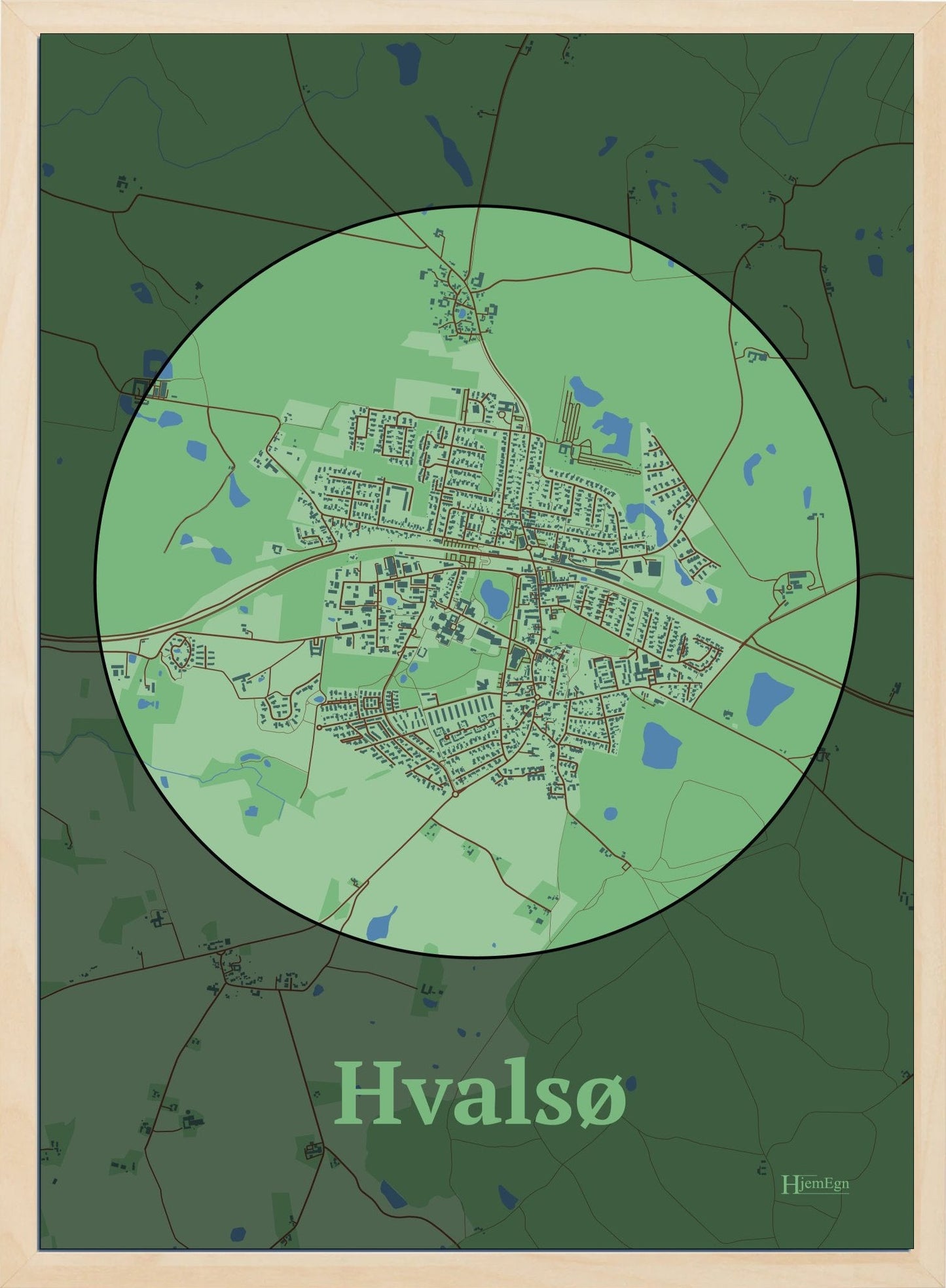 Hvalsø plakat i farve pastel grøn og HjemEgn.dk design centrum. Design bykort for Hvalsø