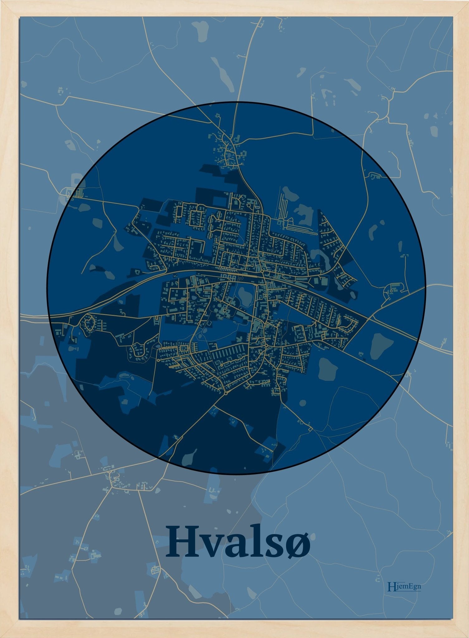 Hvalsø plakat i farve mørk blå og HjemEgn.dk design centrum. Design bykort for Hvalsø