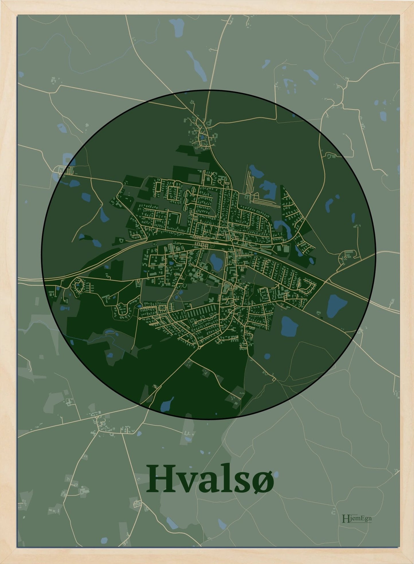 Hvalsø plakat i farve mørk grøn og HjemEgn.dk design centrum. Design bykort for Hvalsø