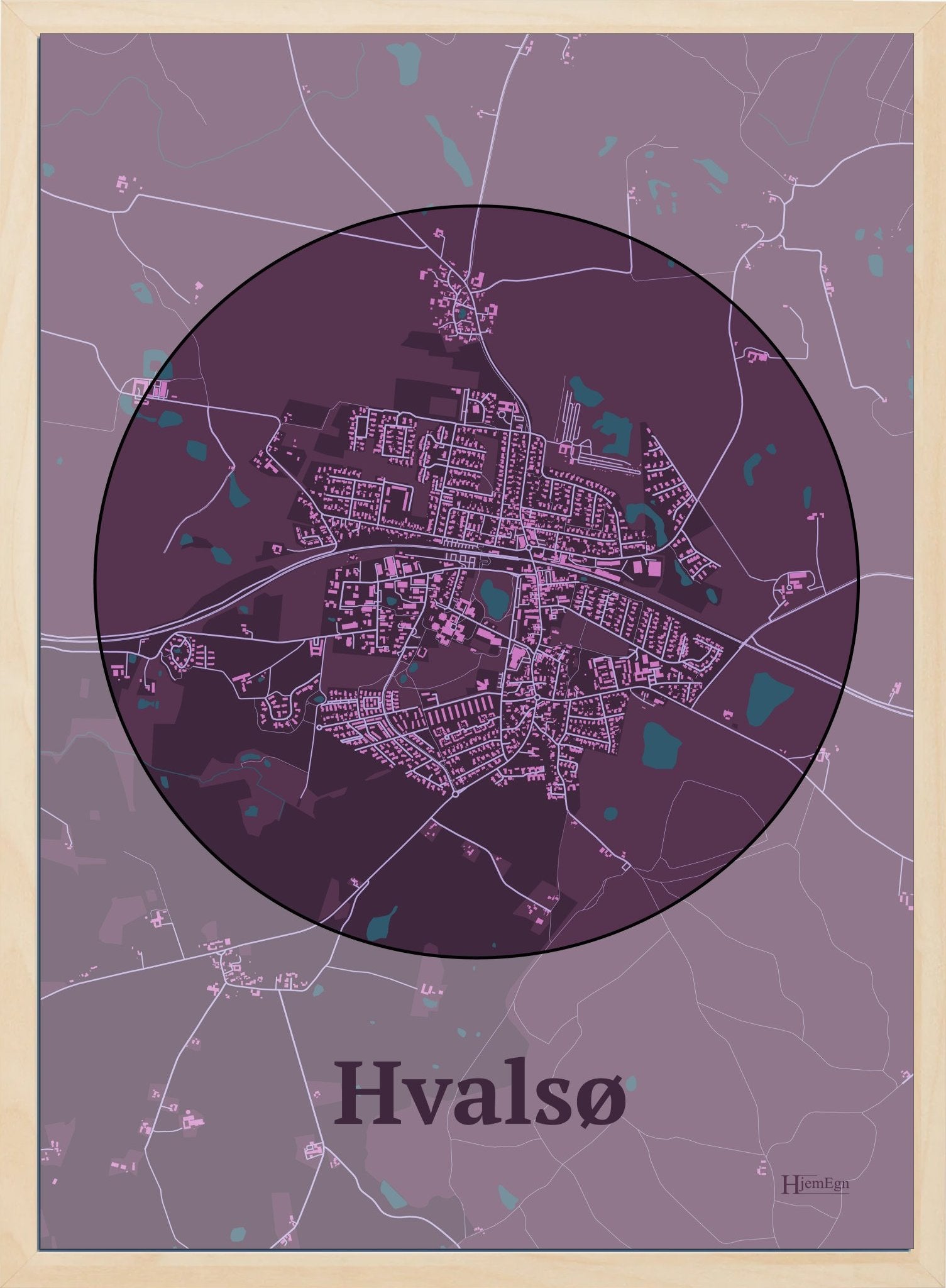 Hvalsø plakat i farve mørk rød og HjemEgn.dk design centrum. Design bykort for Hvalsø