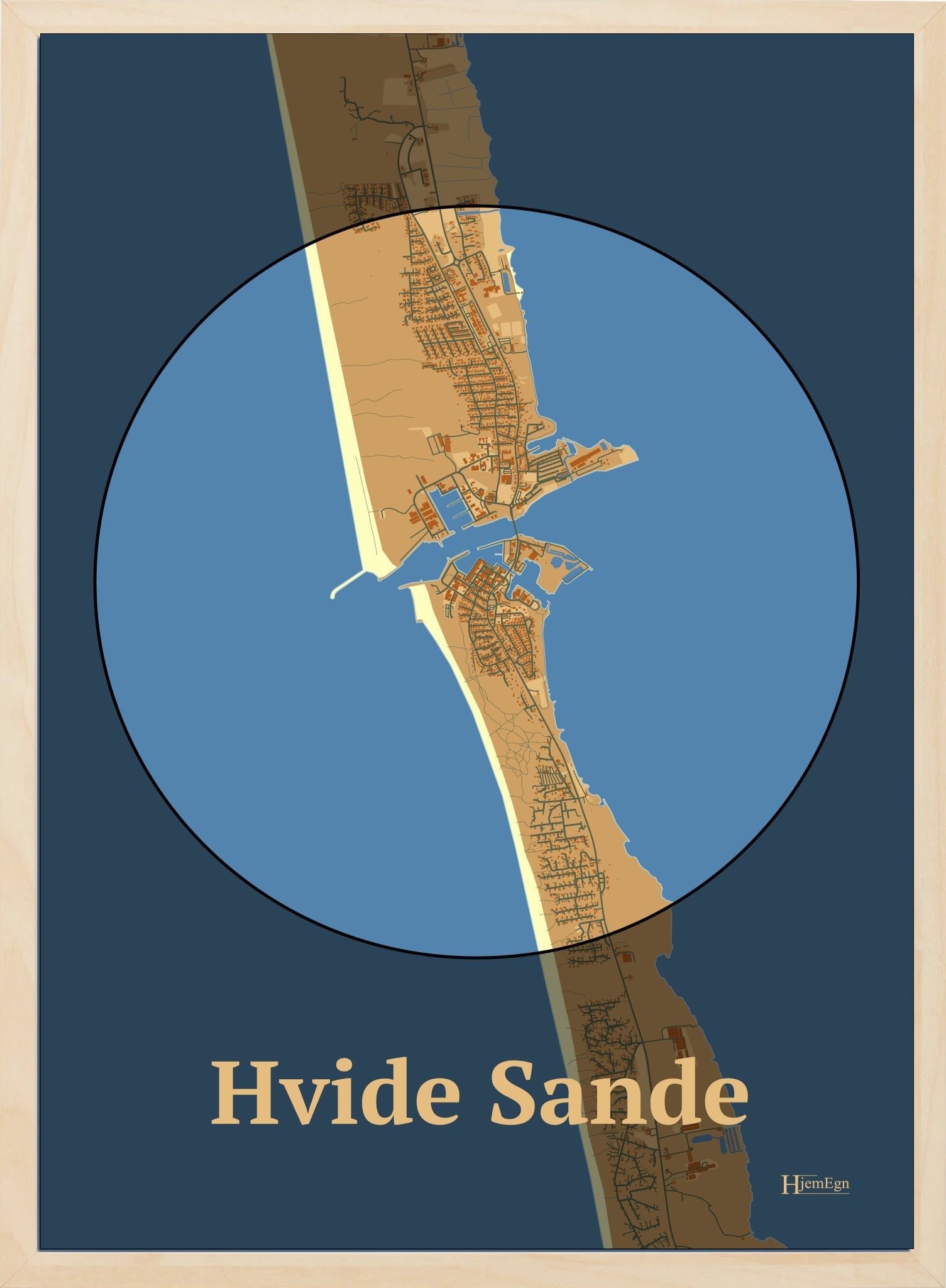Hvide Sande plakat i farve pastel brun og HjemEgn.dk design centrum. Design bykort for Hvide Sande