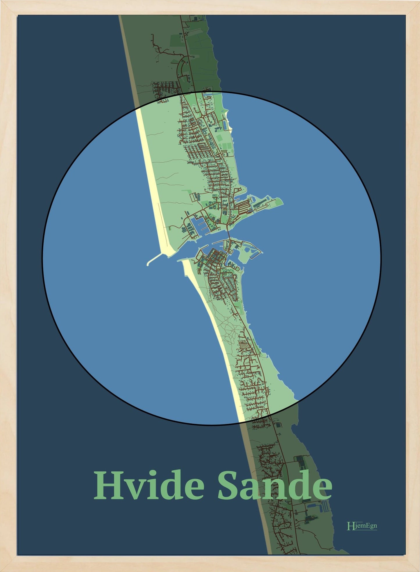 Hvide Sande plakat i farve pastel grøn og HjemEgn.dk design centrum. Design bykort for Hvide Sande