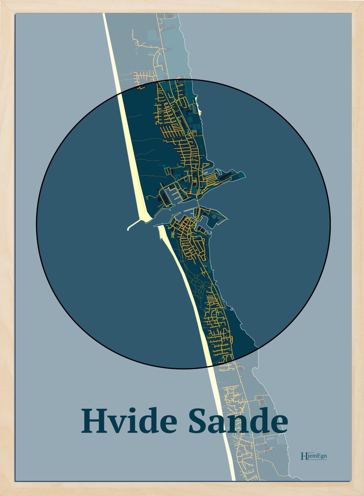 Hvide Sande plakat i farve mørk blå og HjemEgn.dk design centrum. Design bykort for Hvide Sande