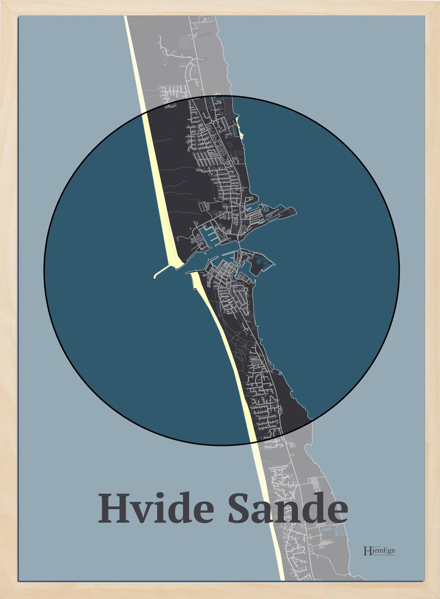 Hvide Sande plakat i farve mørk brun og HjemEgn.dk design centrum. Design bykort for Hvide Sande