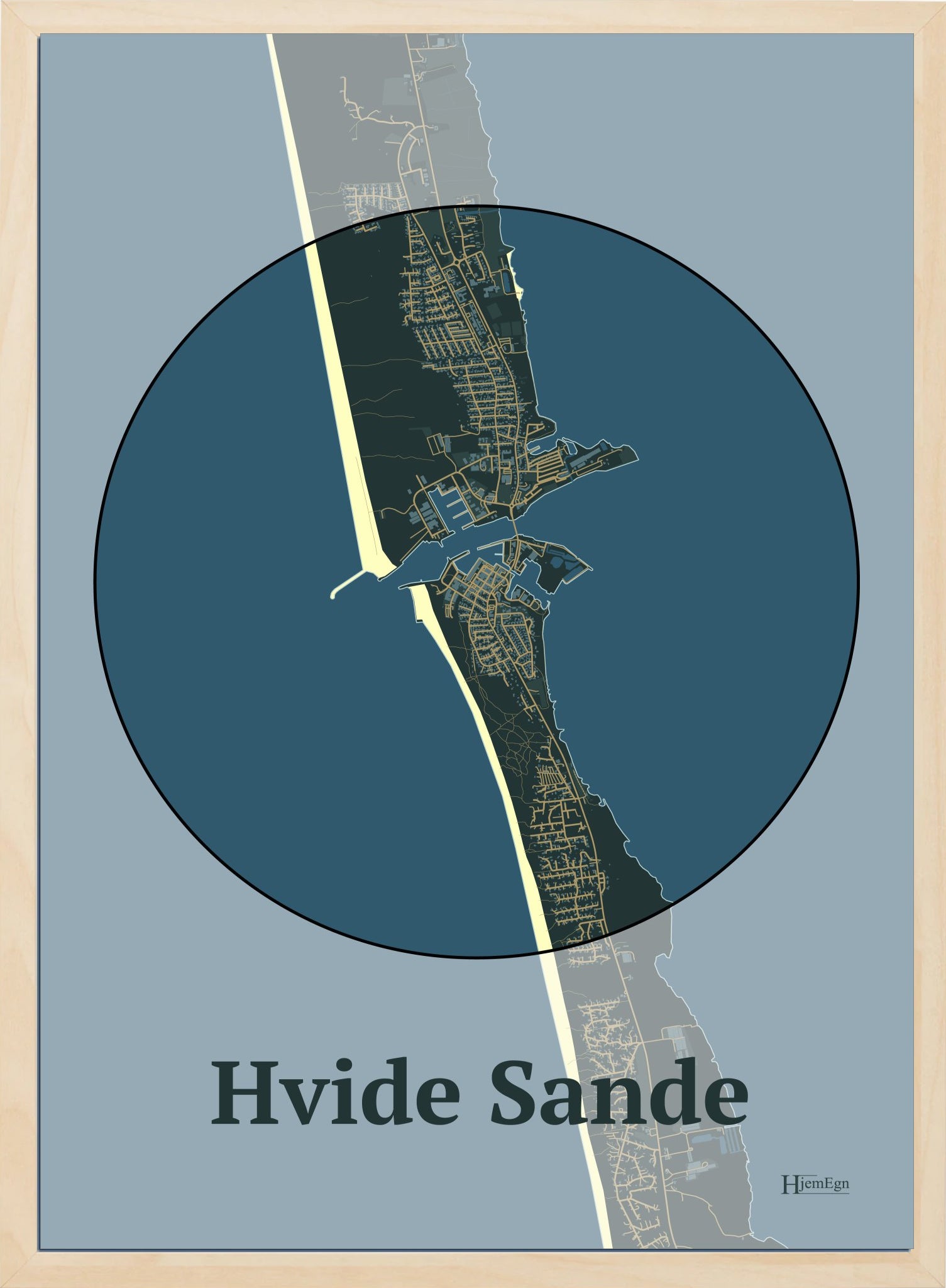 Hvide Sande plakat i farve mørk grøn og HjemEgn.dk design centrum. Design bykort for Hvide Sande