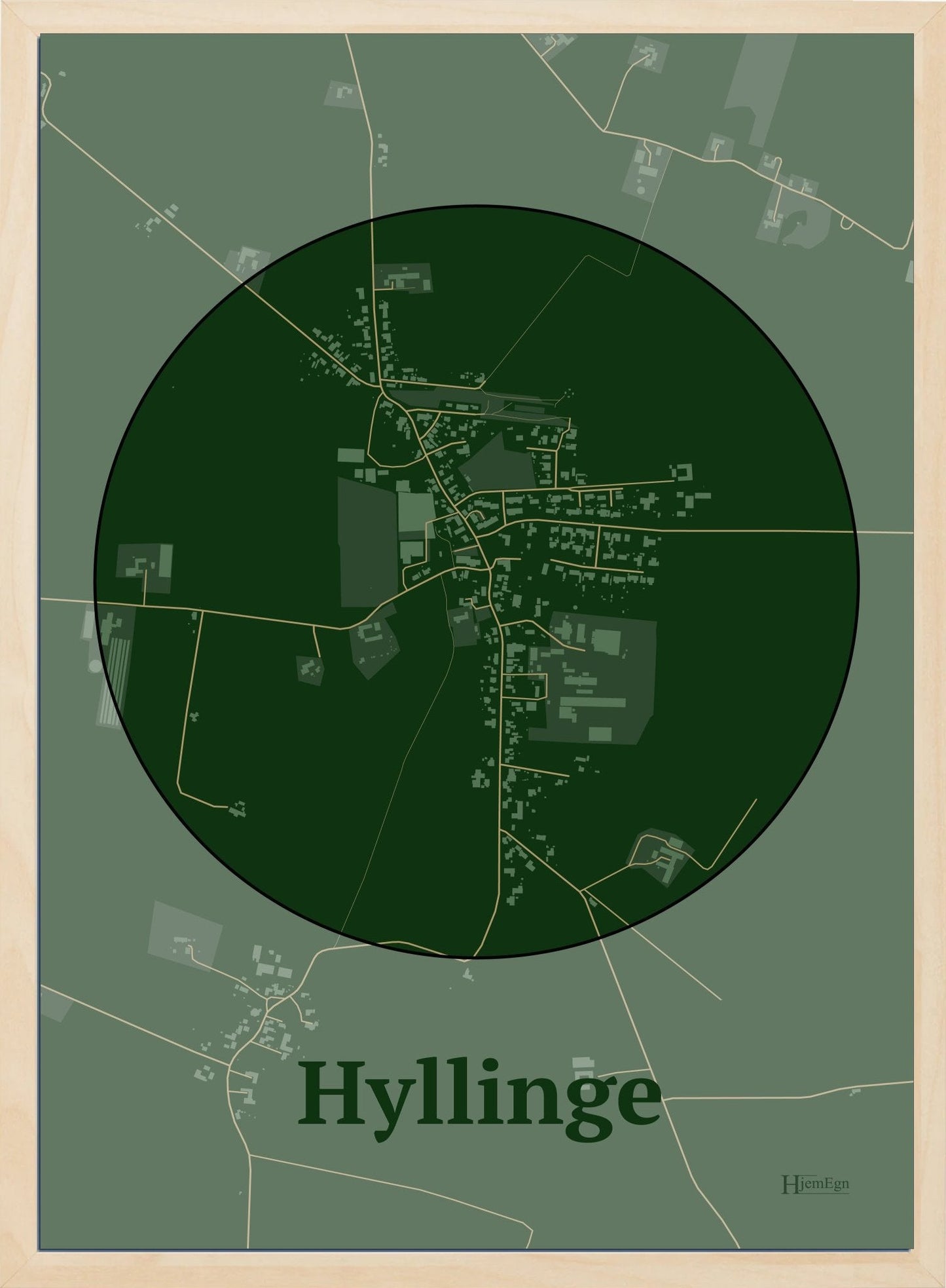 Hyllinge plakat i farve mørk grøn og HjemEgn.dk design centrum. Design bykort for Hyllinge