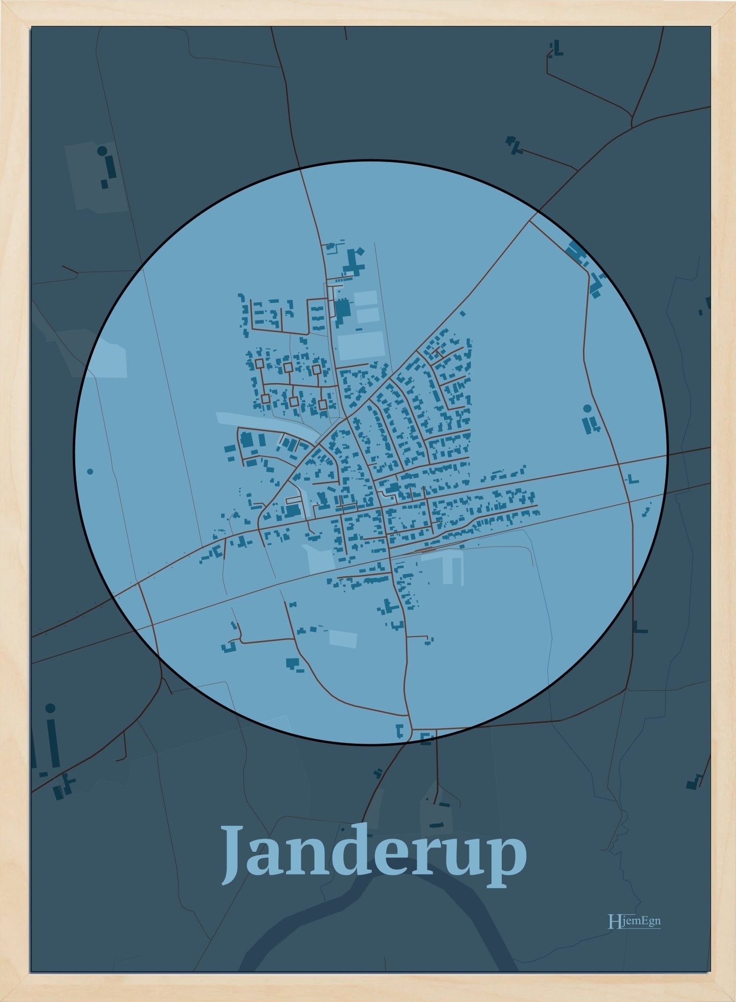 Janderup plakat i farve pastel blå og HjemEgn.dk design centrum. Design bykort for Janderup