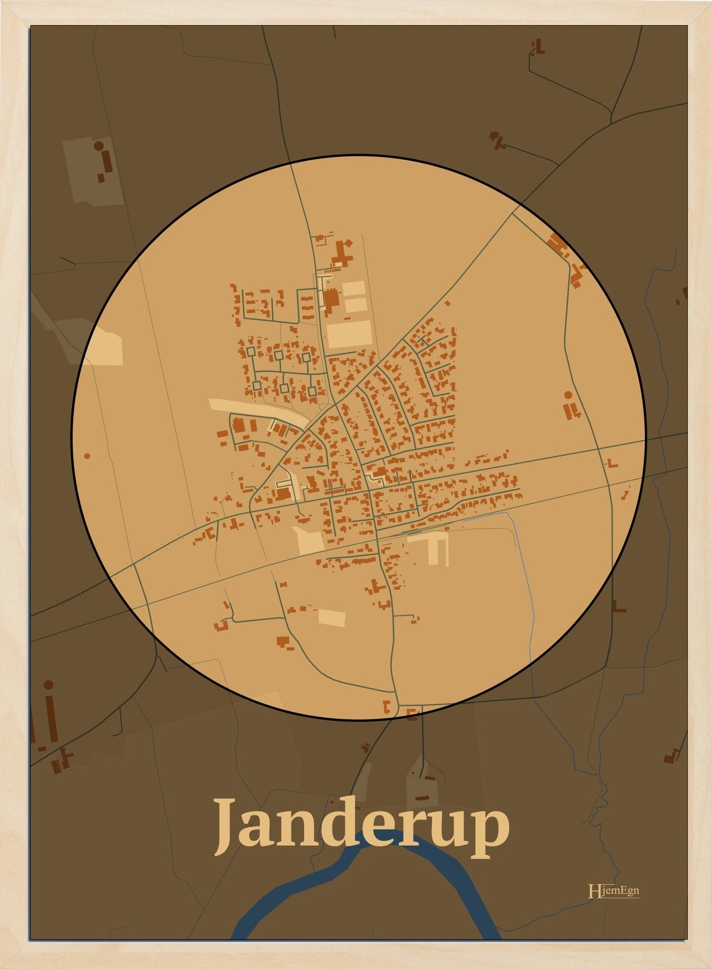 Janderup plakat i farve pastel brun og HjemEgn.dk design centrum. Design bykort for Janderup