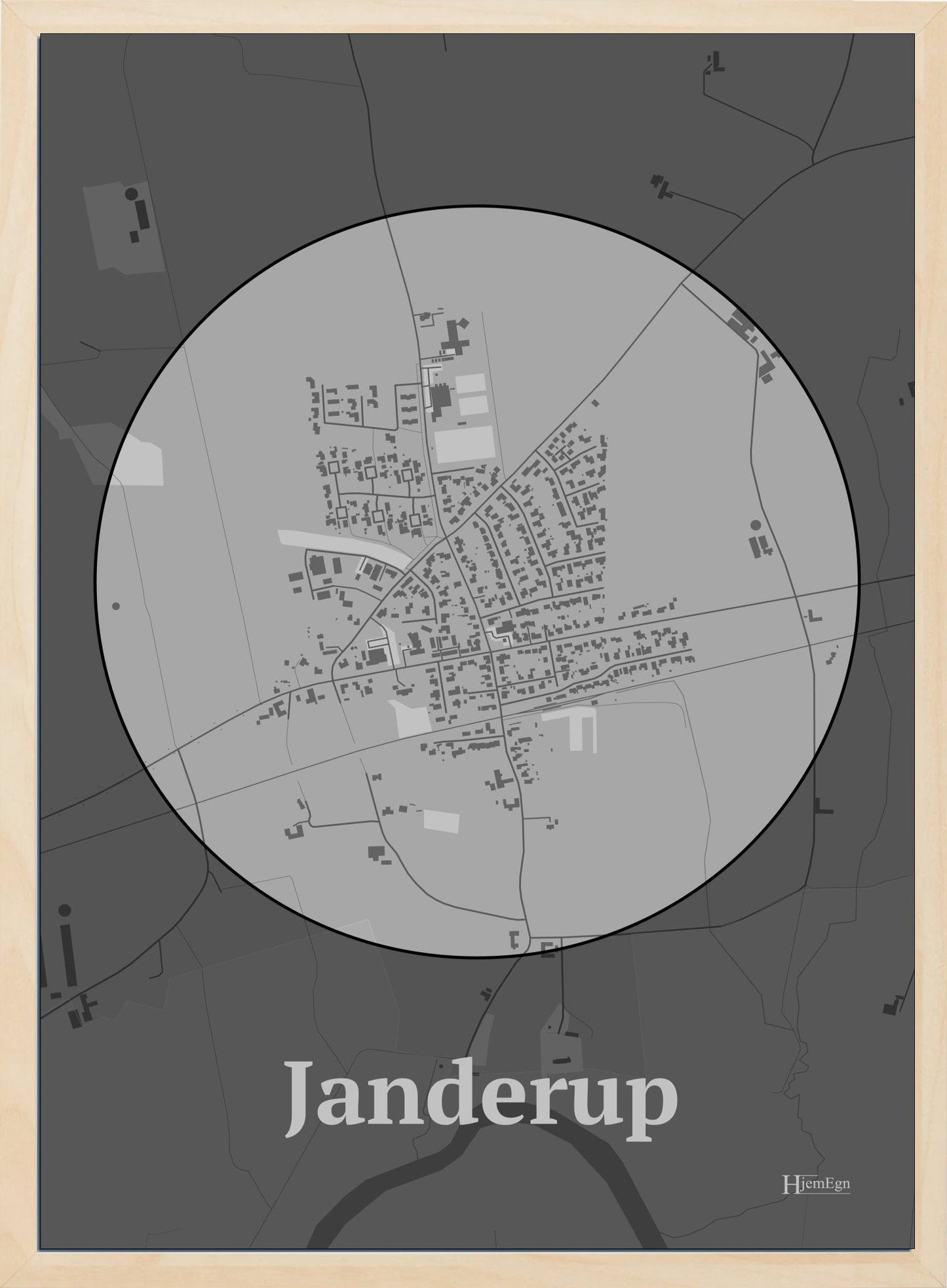 Janderup plakat i farve pastel grå og HjemEgn.dk design centrum. Design bykort for Janderup