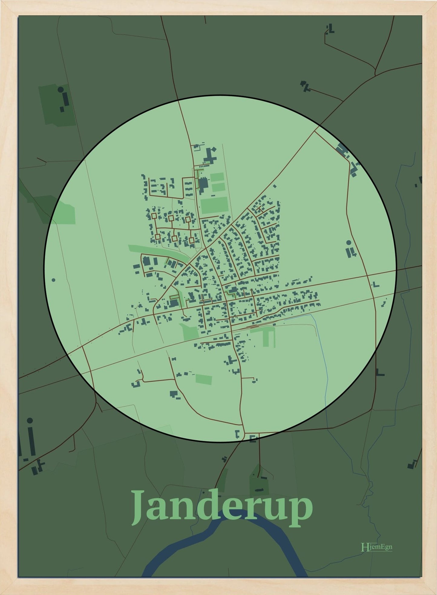 Janderup plakat i farve pastel grøn og HjemEgn.dk design centrum. Design bykort for Janderup