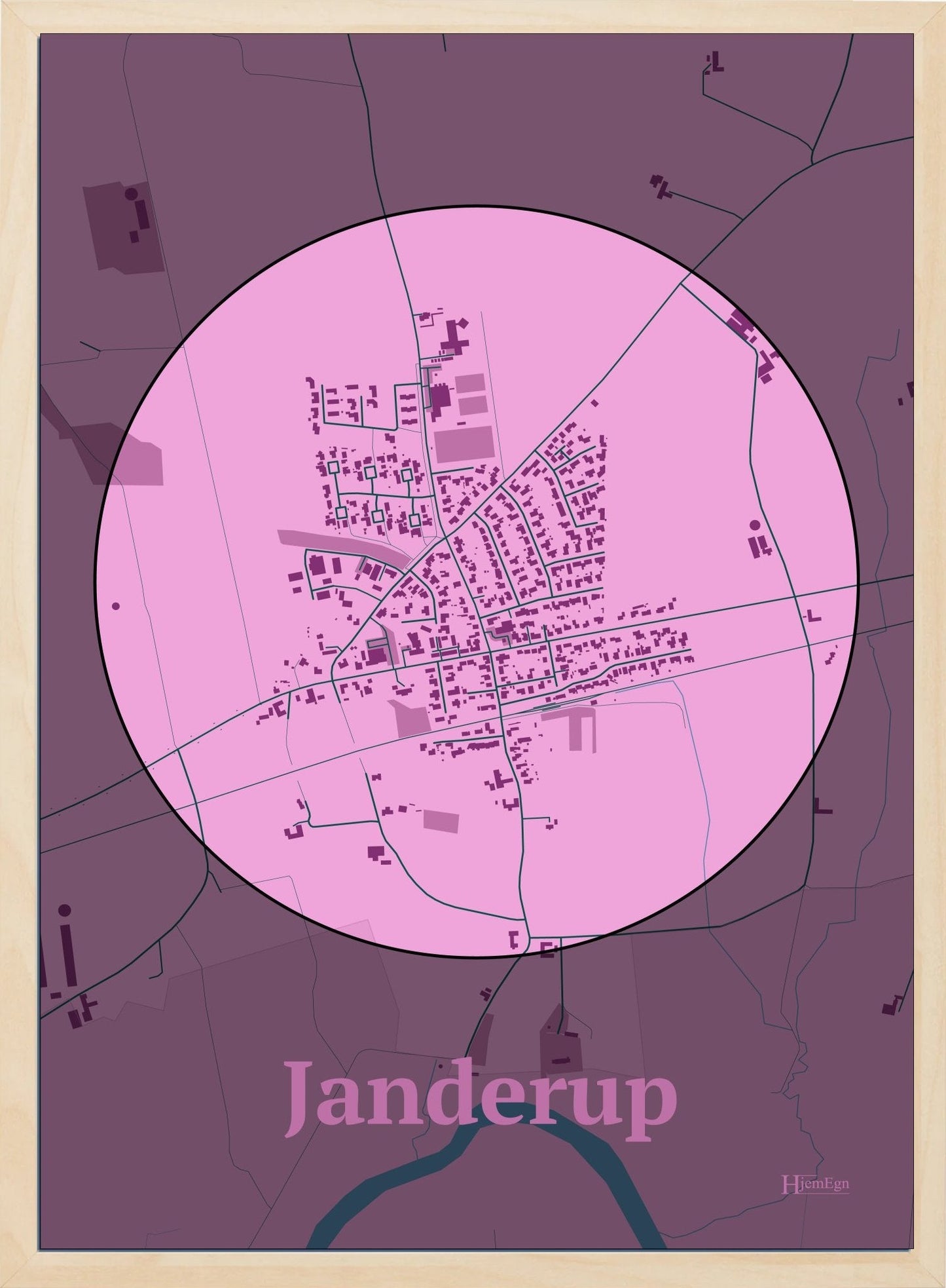 Janderup plakat i farve pastel rød og HjemEgn.dk design centrum. Design bykort for Janderup