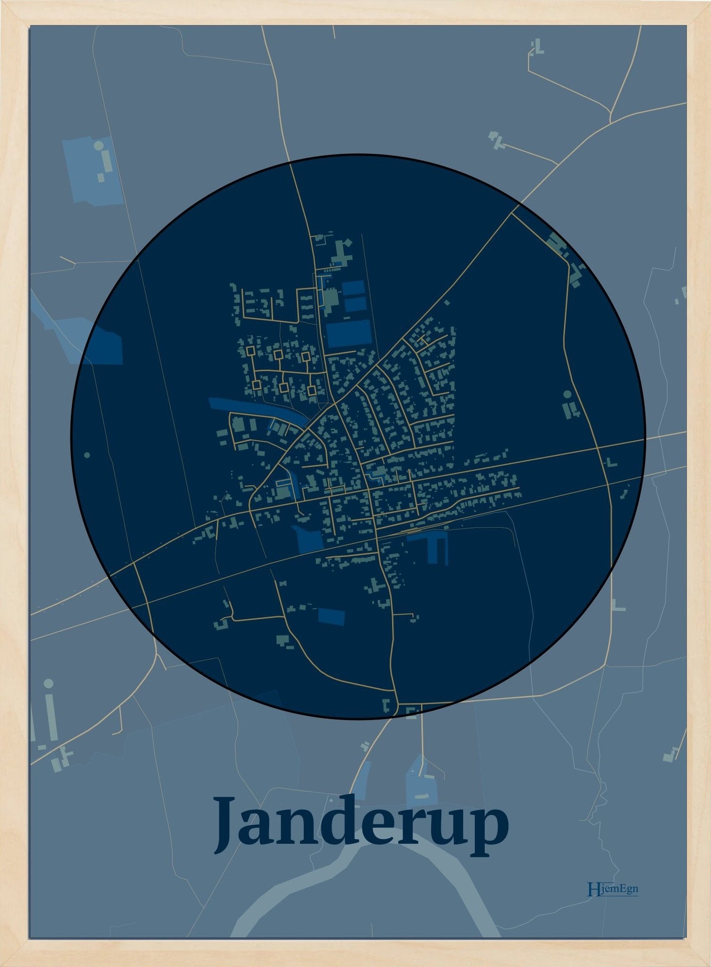 Janderup plakat i farve mørk blå og HjemEgn.dk design centrum. Design bykort for Janderup