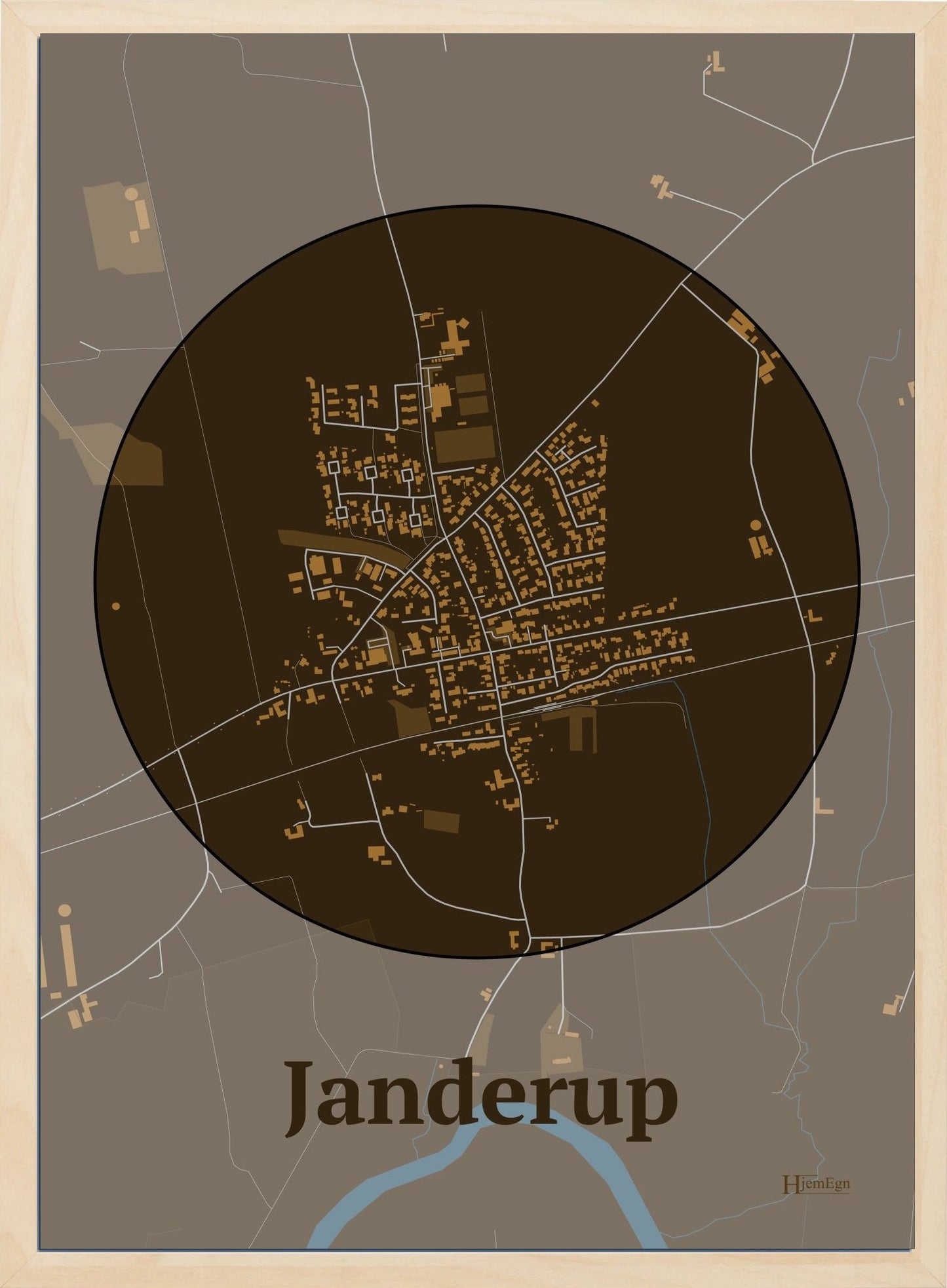 Janderup plakat i farve mørk brun og HjemEgn.dk design centrum. Design bykort for Janderup