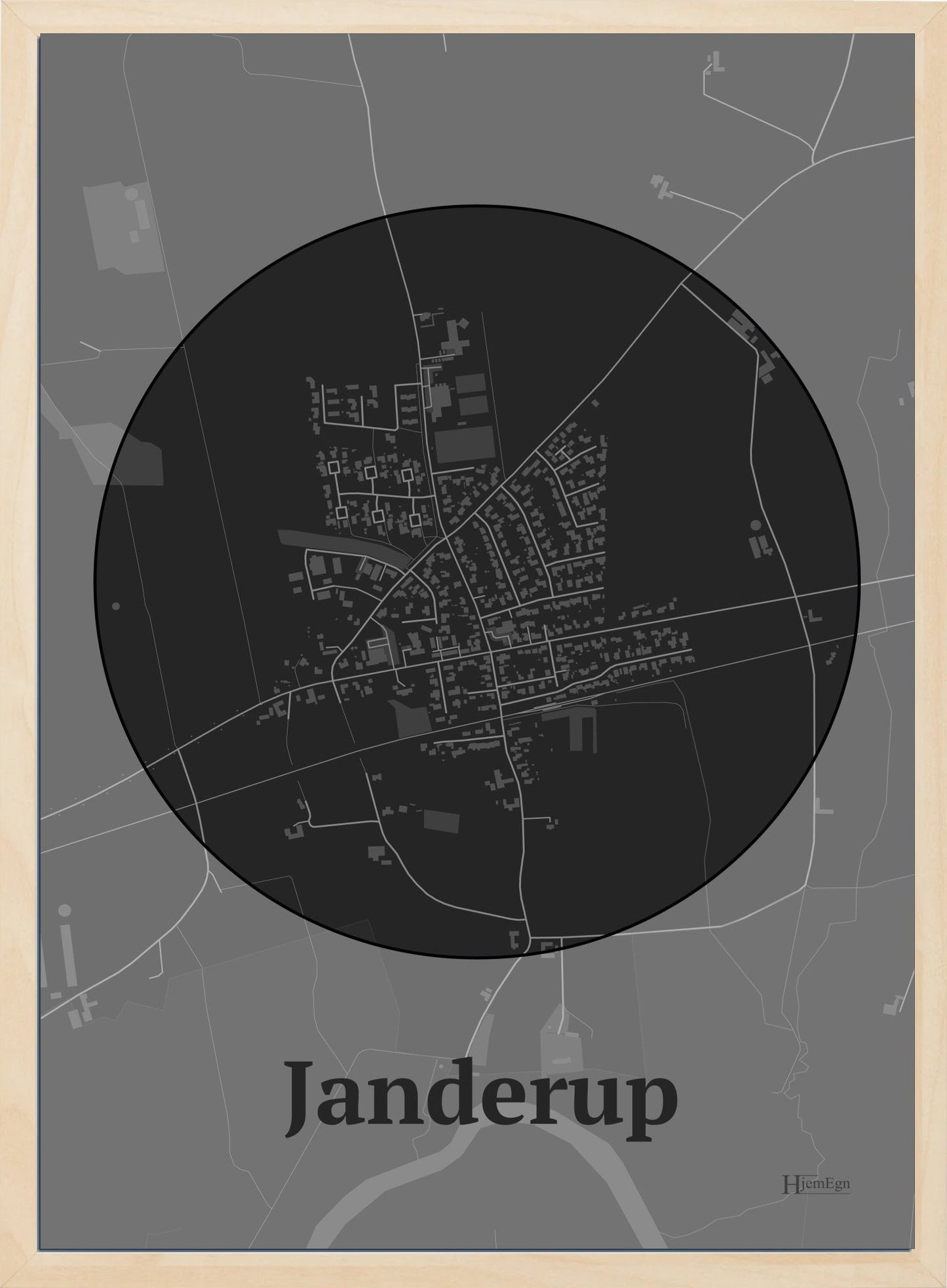 Janderup plakat i farve mørk grå og HjemEgn.dk design centrum. Design bykort for Janderup