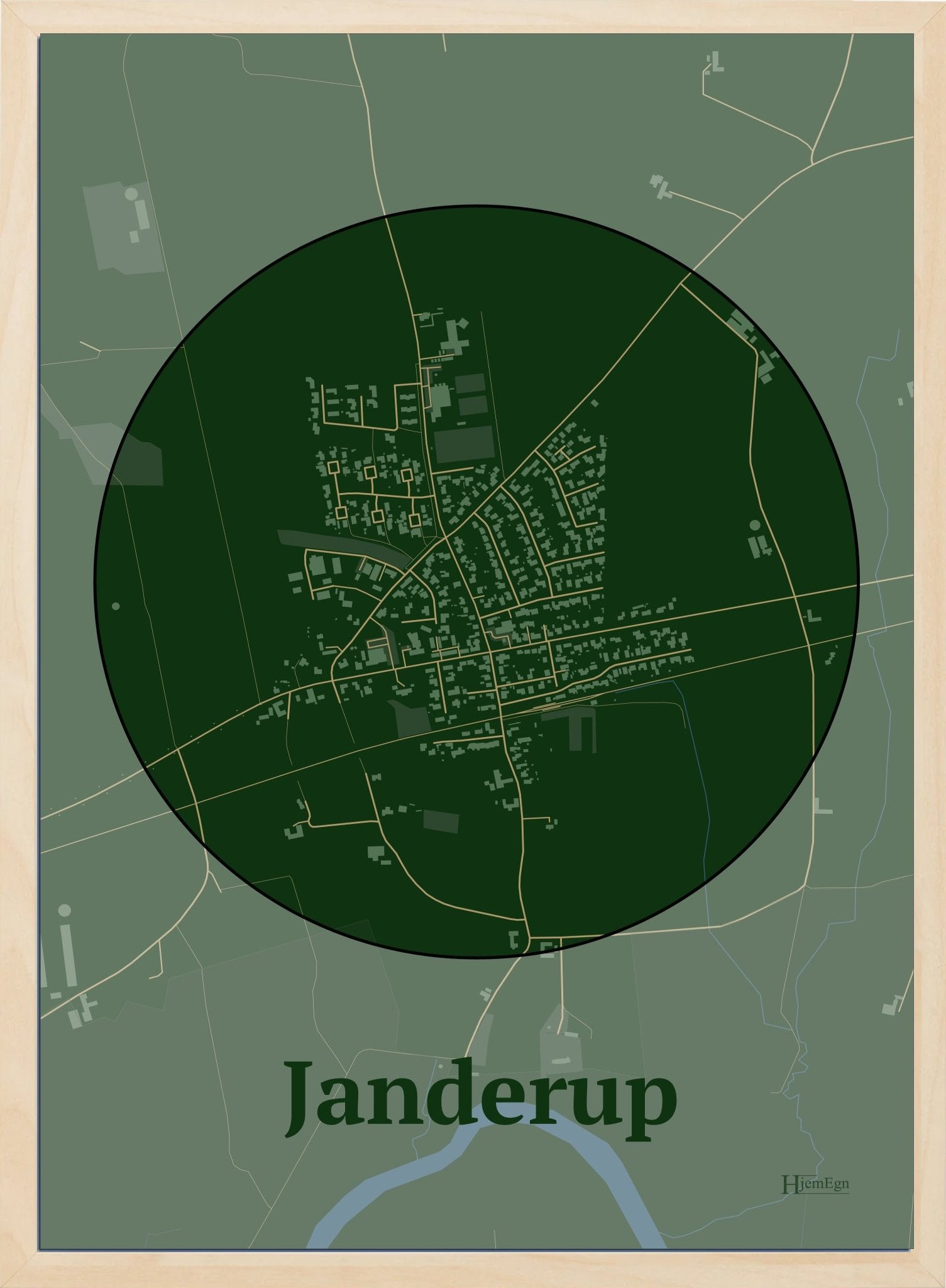 Janderup plakat i farve mørk grøn og HjemEgn.dk design centrum. Design bykort for Janderup