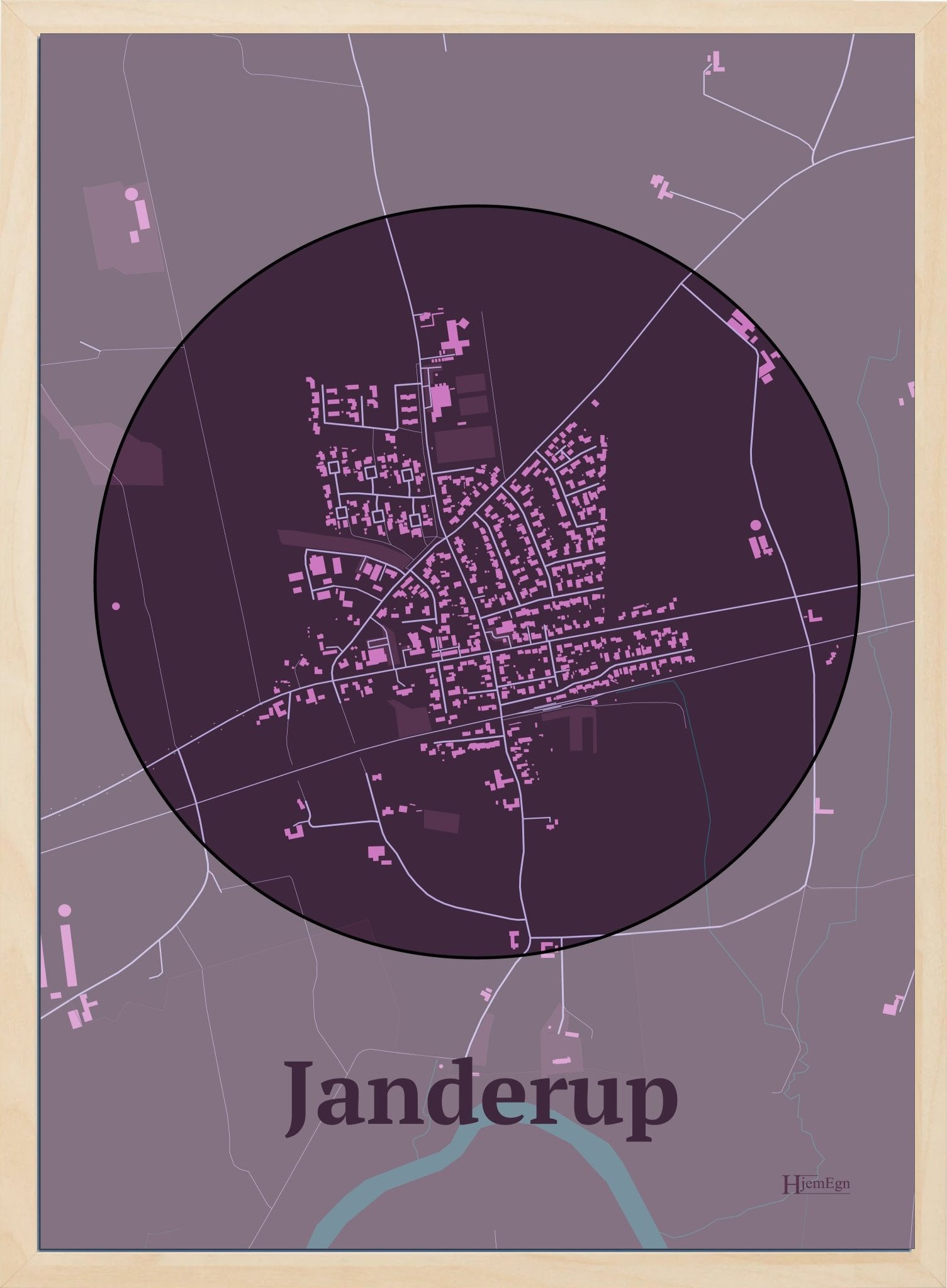 Janderup plakat i farve mørk rød og HjemEgn.dk design centrum. Design bykort for Janderup