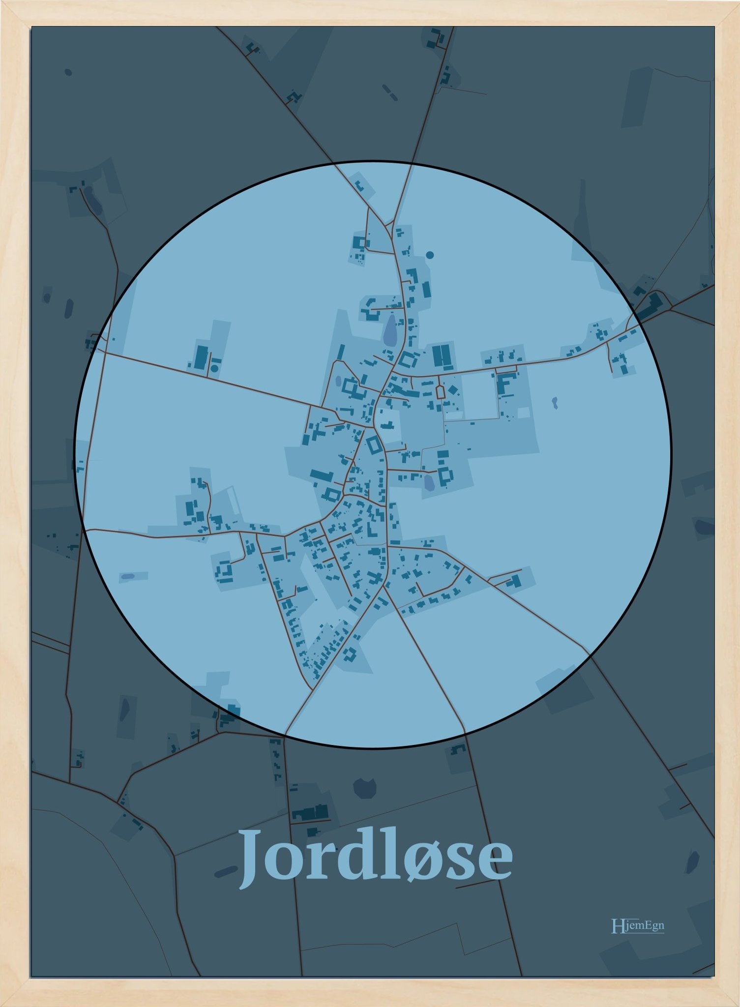 Jordløse plakat i farve pastel blå og HjemEgn.dk design centrum. Design bykort for Jordløse