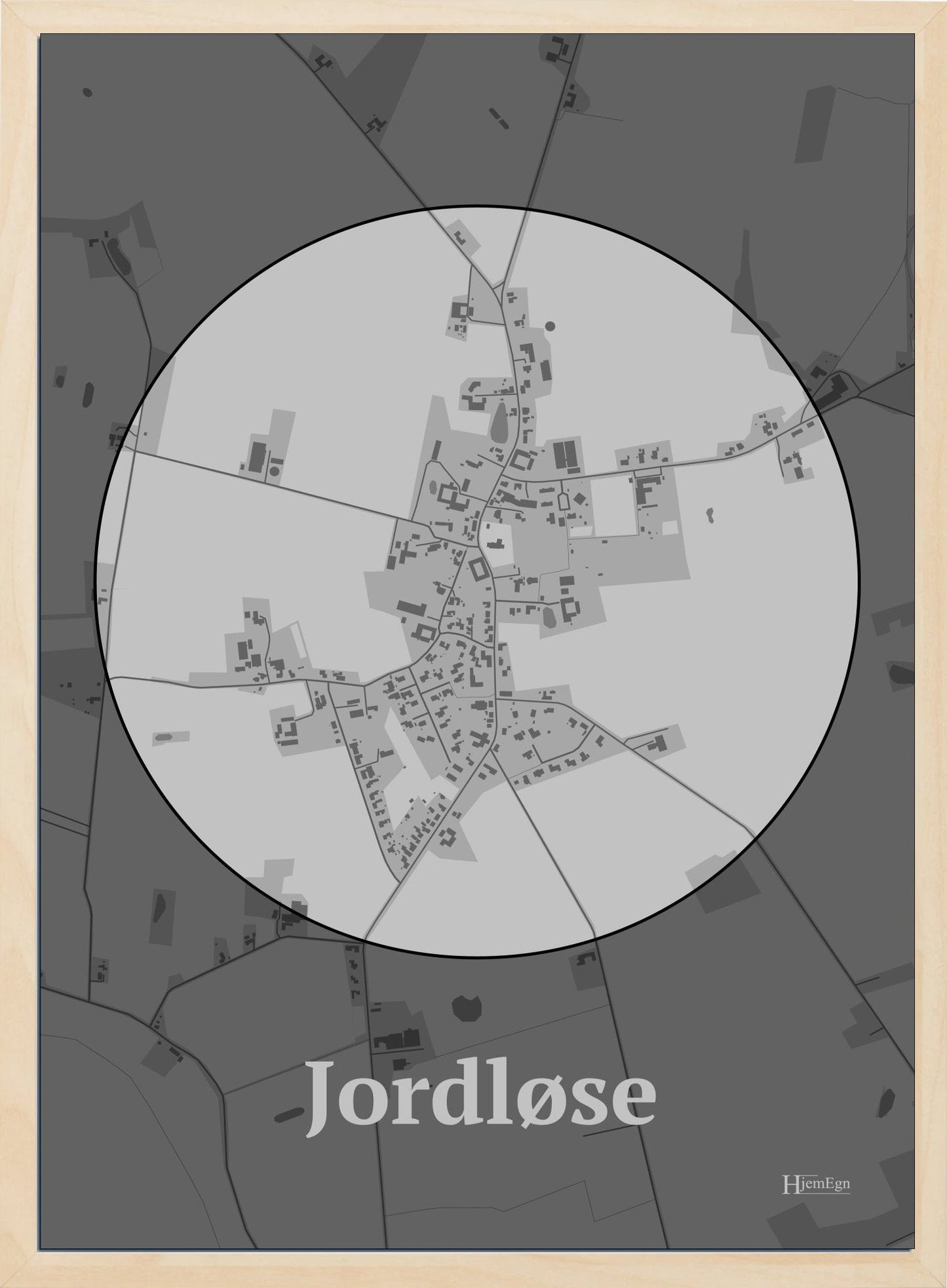 Jordløse plakat i farve pastel grå og HjemEgn.dk design centrum. Design bykort for Jordløse