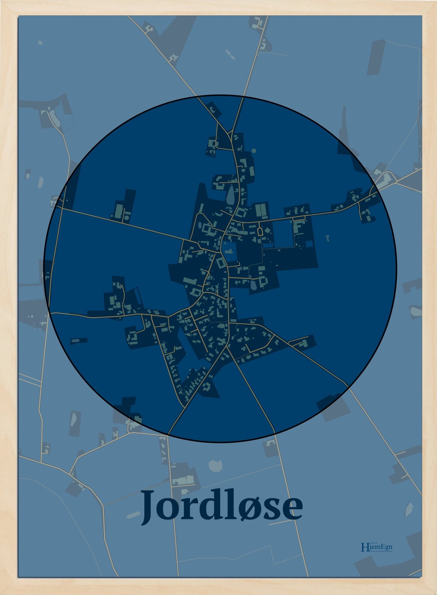 Jordløse plakat i farve mørk blå og HjemEgn.dk design centrum. Design bykort for Jordløse