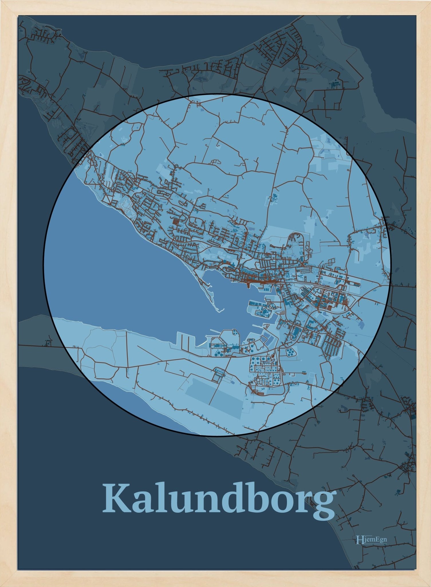 Kalundborg plakat i farve pastel blå og HjemEgn.dk design centrum. Design bykort for Kalundborg