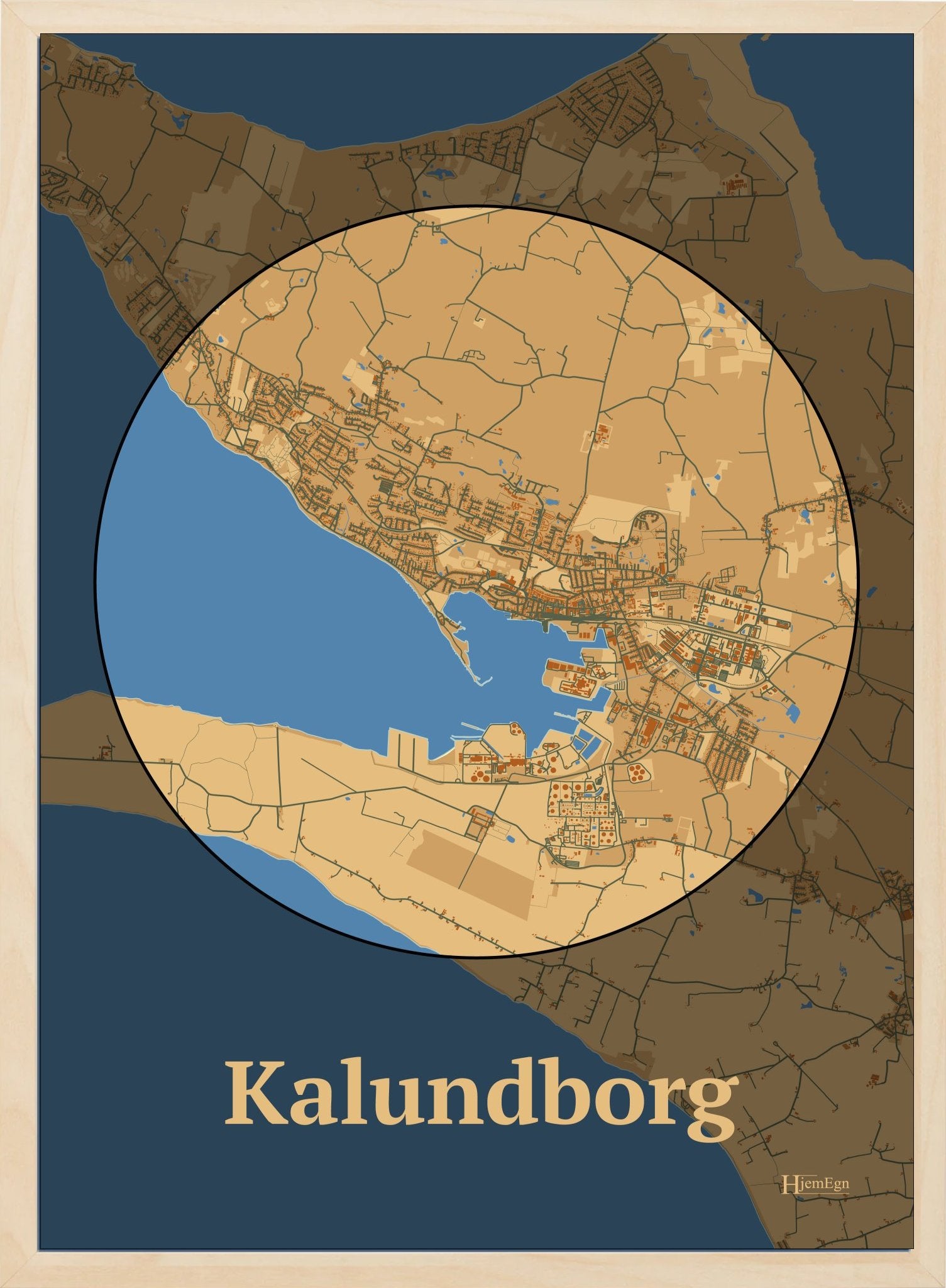 Kalundborg plakat i farve pastel brun og HjemEgn.dk design centrum. Design bykort for Kalundborg