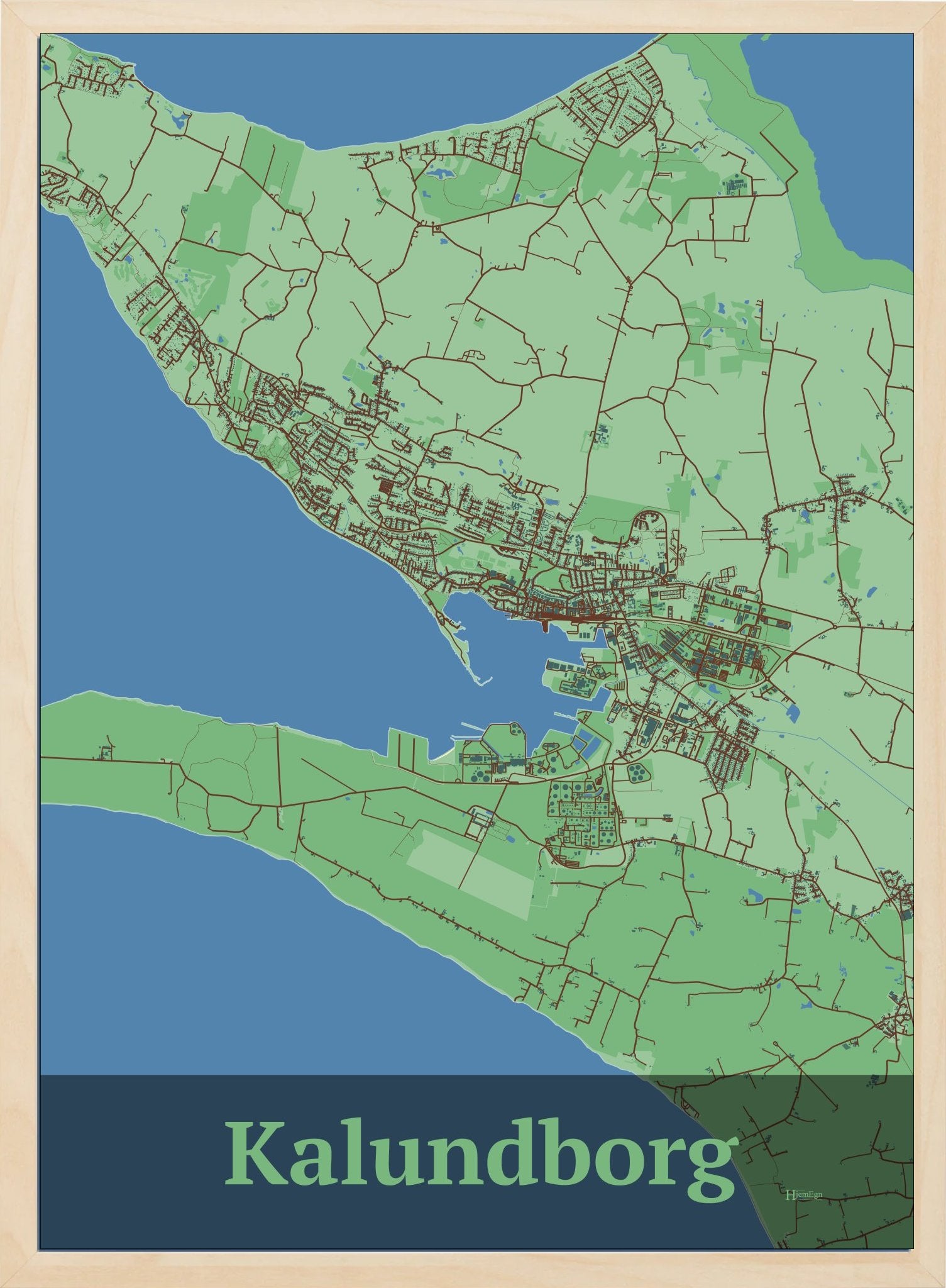 Kalundborg plakat i farve pastel grøn og HjemEgn.dk design firkantet. Design bykort for Kalundborg