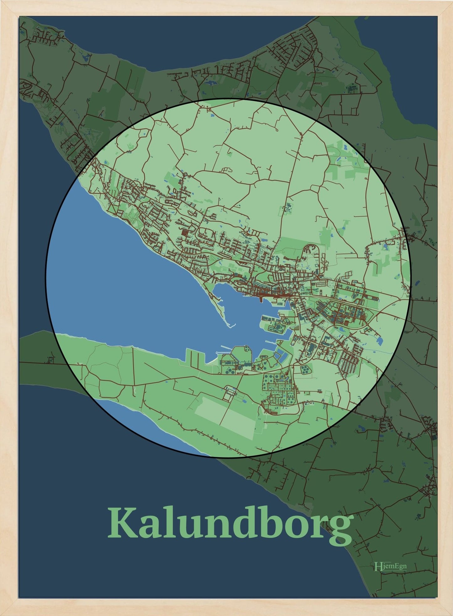 Kalundborg plakat i farve pastel grøn og HjemEgn.dk design centrum. Design bykort for Kalundborg