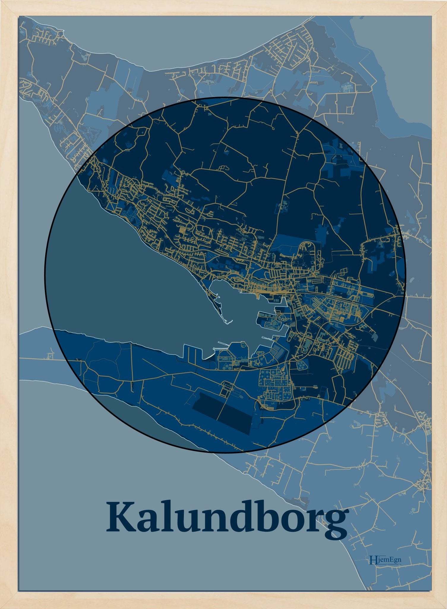 Kalundborg plakat i farve mørk blå og HjemEgn.dk design centrum. Design bykort for Kalundborg