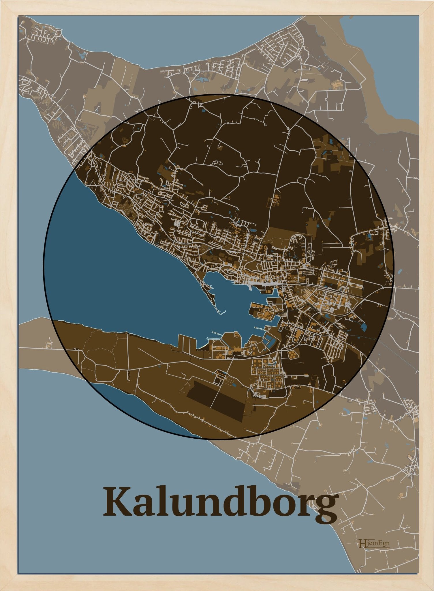 Kalundborg plakat i farve mørk brun og HjemEgn.dk design centrum. Design bykort for Kalundborg