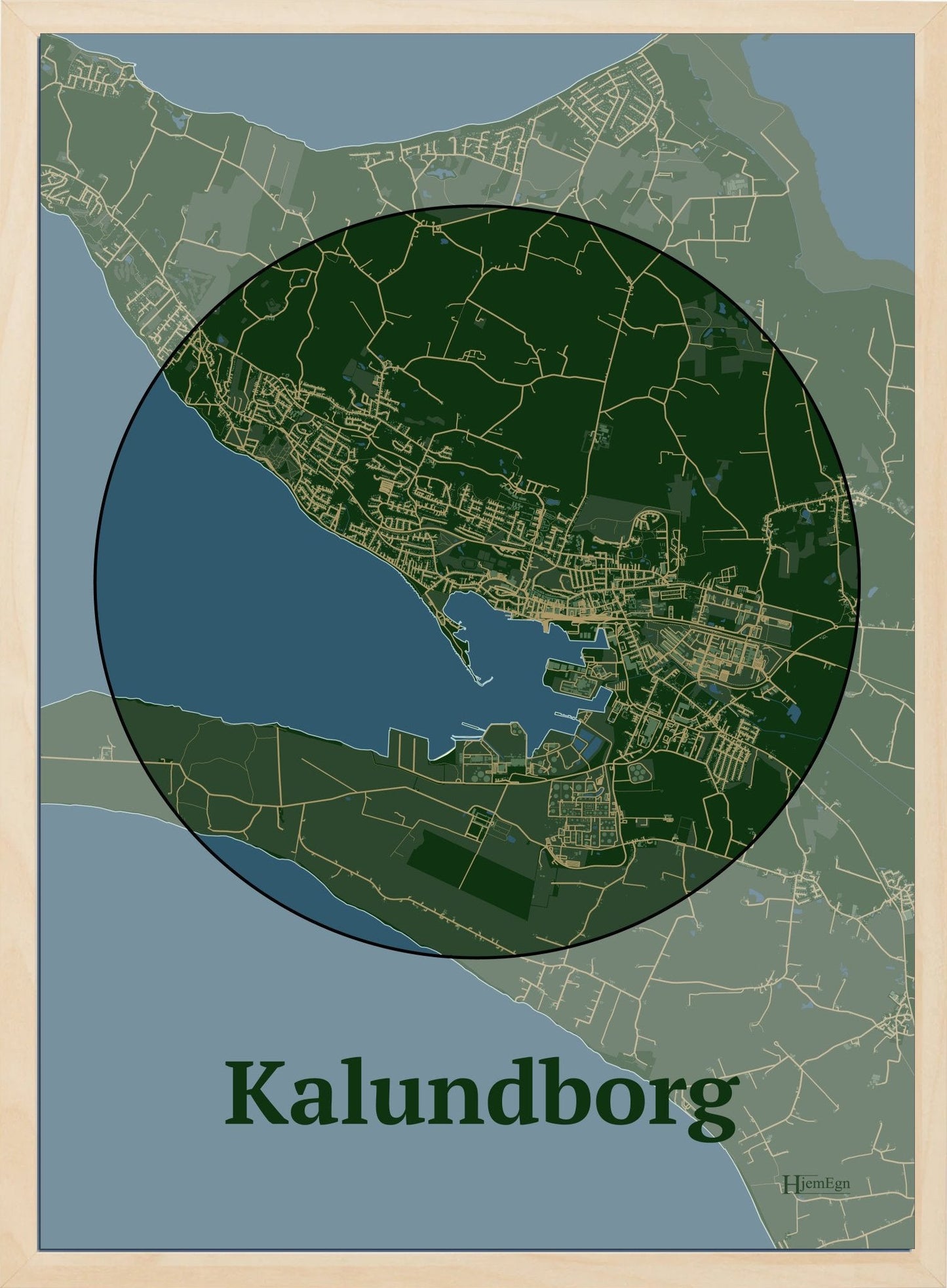 Kalundborg plakat i farve mørk grøn og HjemEgn.dk design centrum. Design bykort for Kalundborg