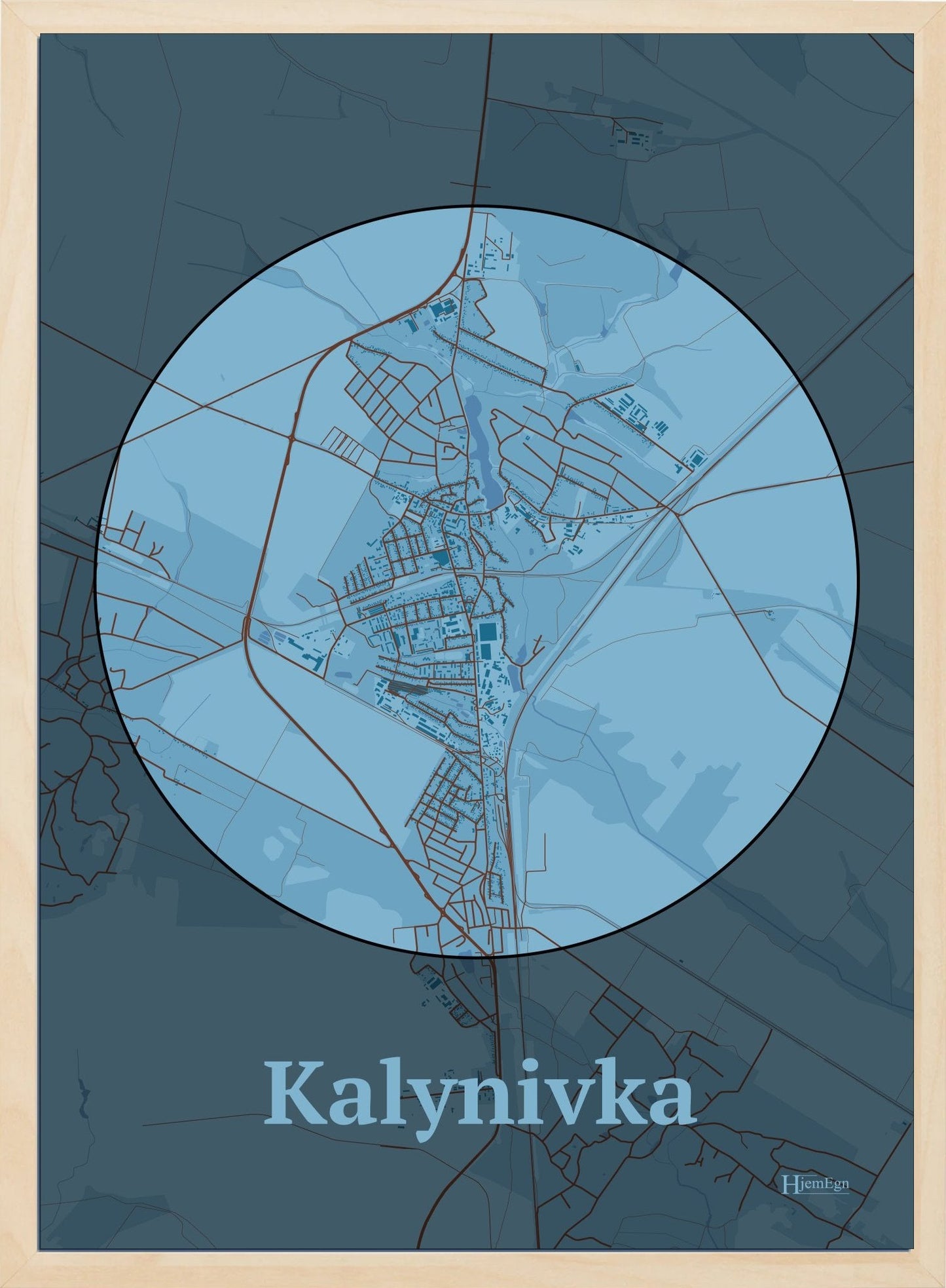 Kalynivka plakat i farve pastel blå og HjemEgn.dk design centrum. Design bykort for Kalynivka