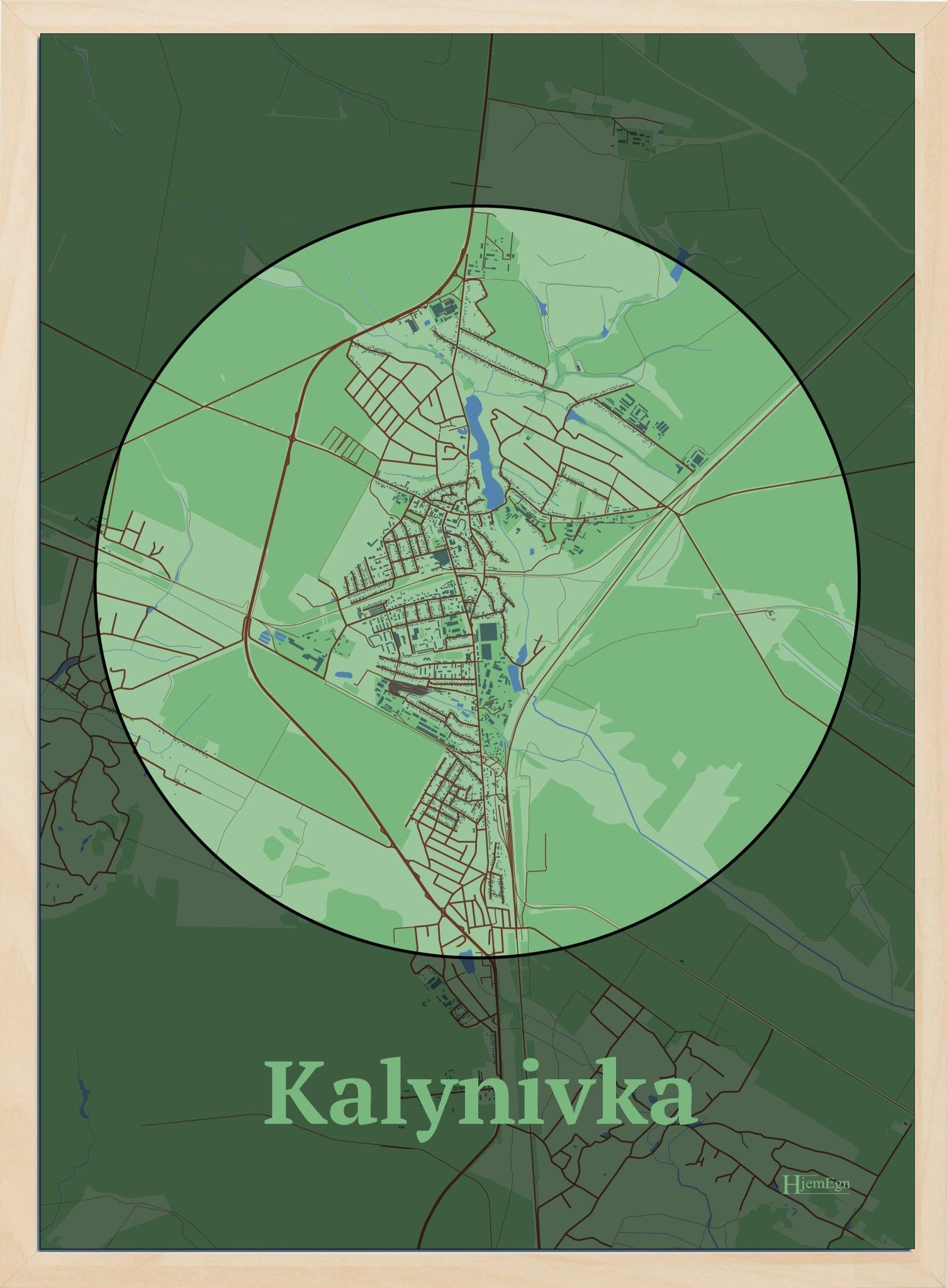 Kalynivka plakat i farve pastel grøn og HjemEgn.dk design centrum. Design bykort for Kalynivka