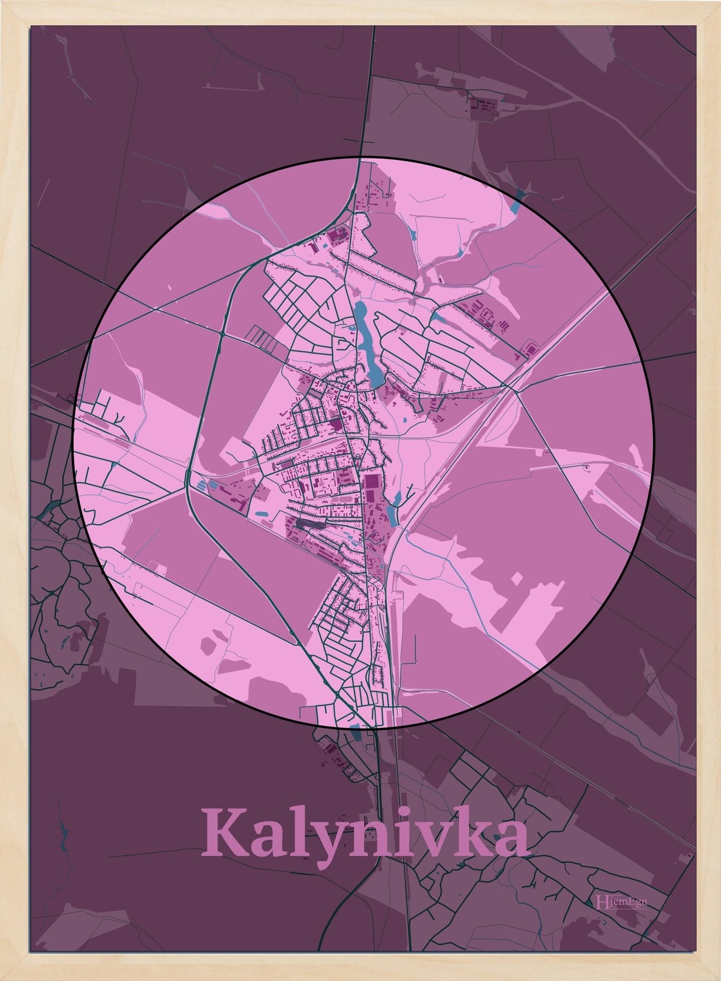 Kalynivka plakat i farve pastel rød og HjemEgn.dk design centrum. Design bykort for Kalynivka