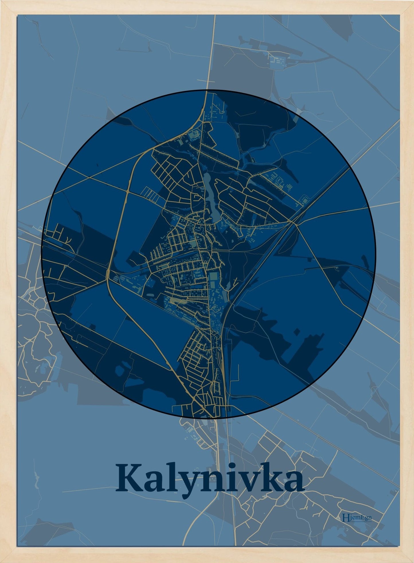 Kalynivka plakat i farve mørk blå og HjemEgn.dk design centrum. Design bykort for Kalynivka