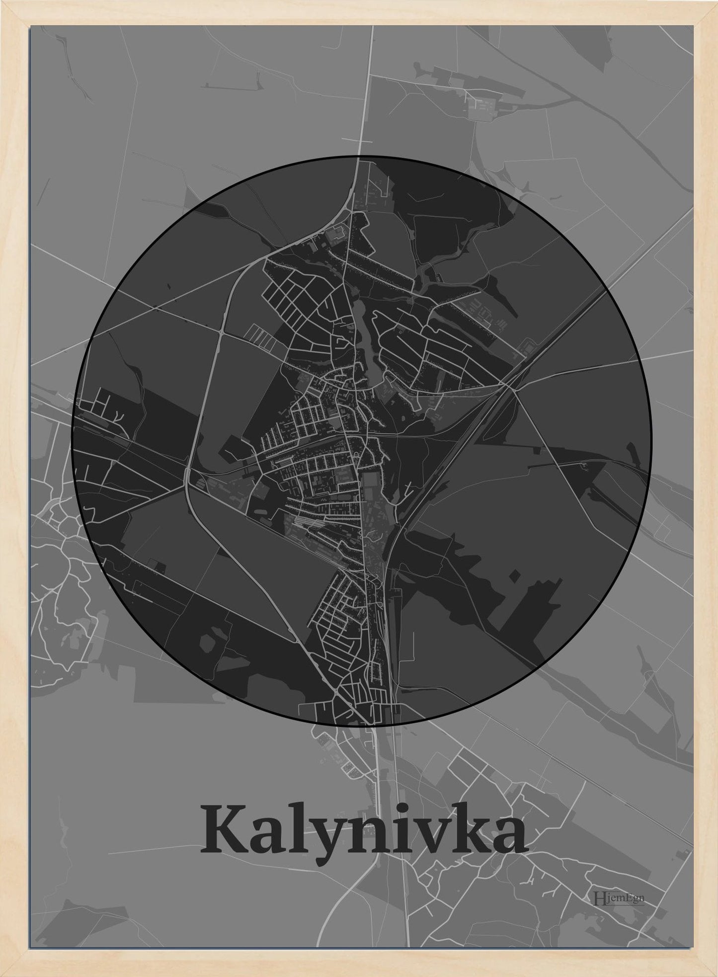 Kalynivka plakat i farve mørk grå og HjemEgn.dk design centrum. Design bykort for Kalynivka