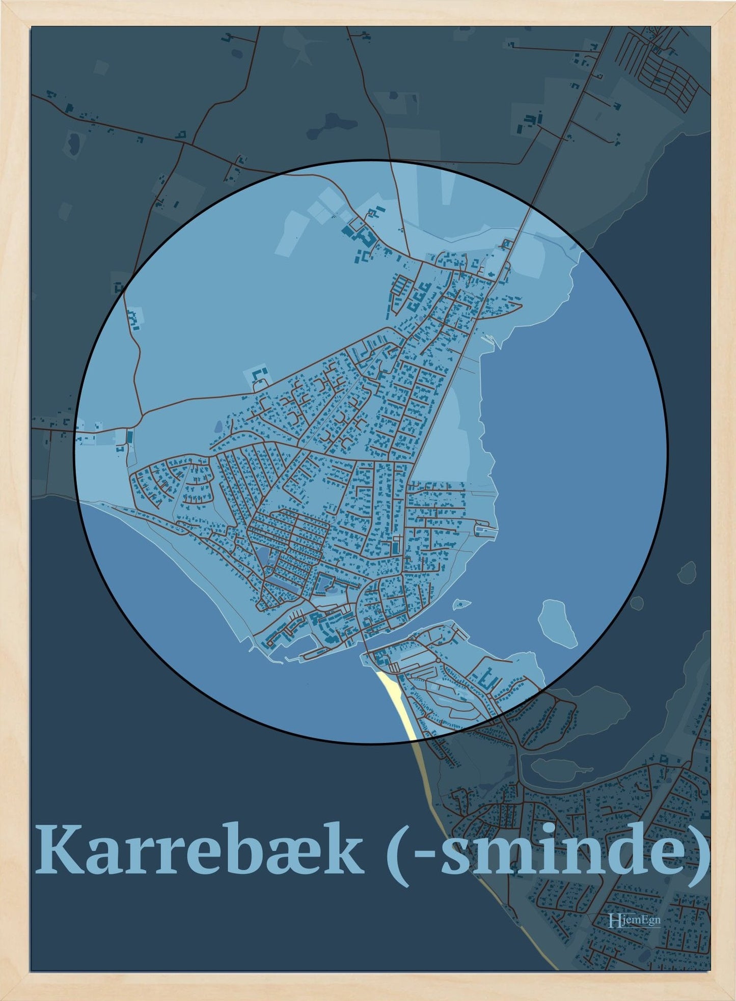 Karrebæk (-sminde) plakat i farve pastel blå og HjemEgn.dk design centrum. Design bykort for Karrebæk (-sminde)